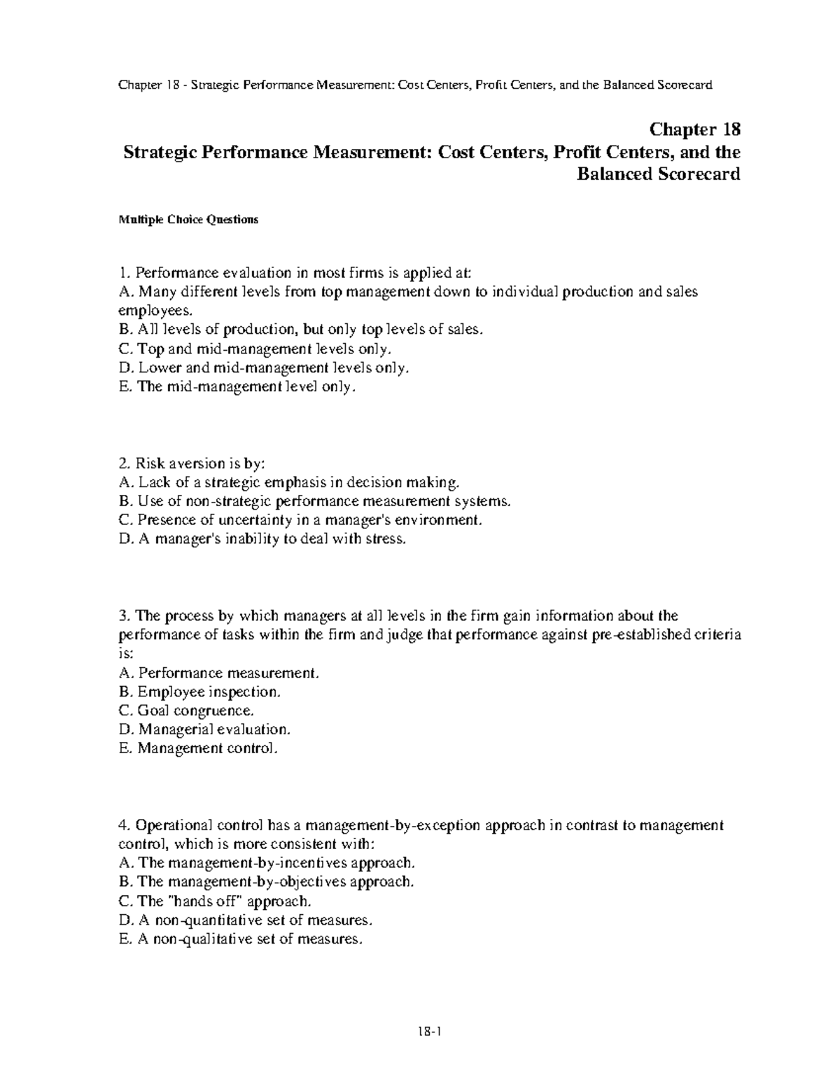 Chap 018 - Test Bank on Strategic Performance Measurement - Studocu