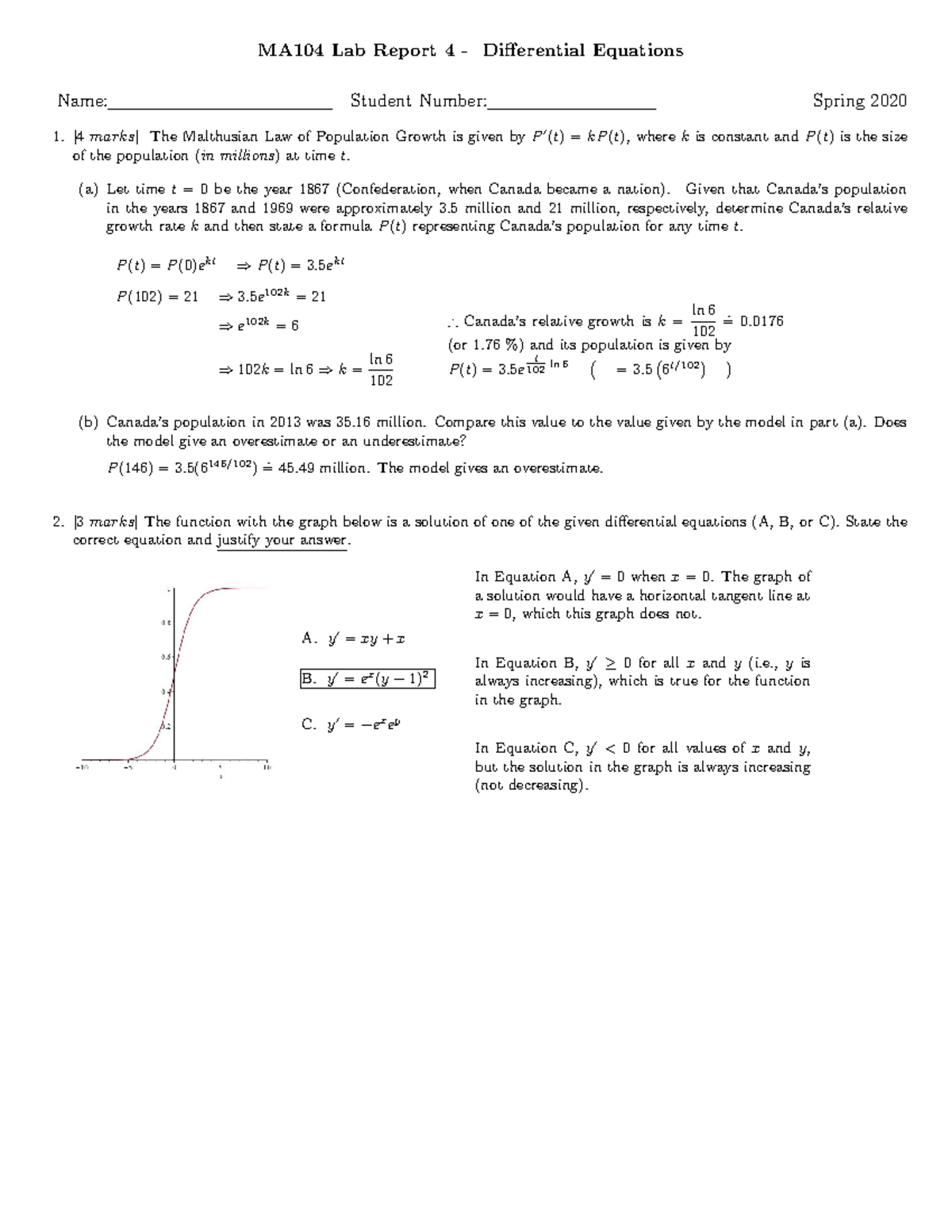 MA104 Lab 4 - Exploring Differential Equations and Population Models ...