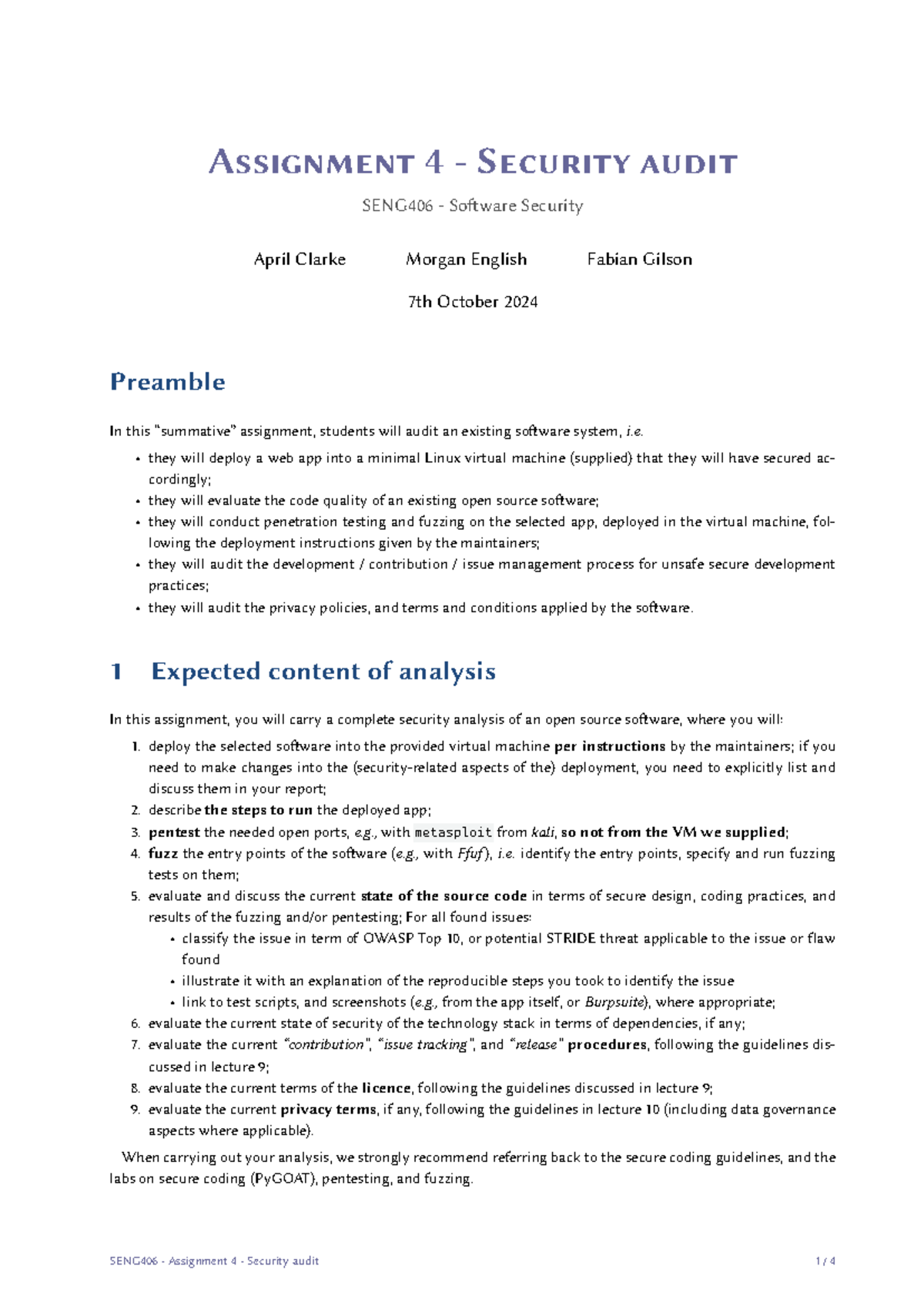 SENG406 Assignment 4: Security Audit of Open Source Software - Studocu