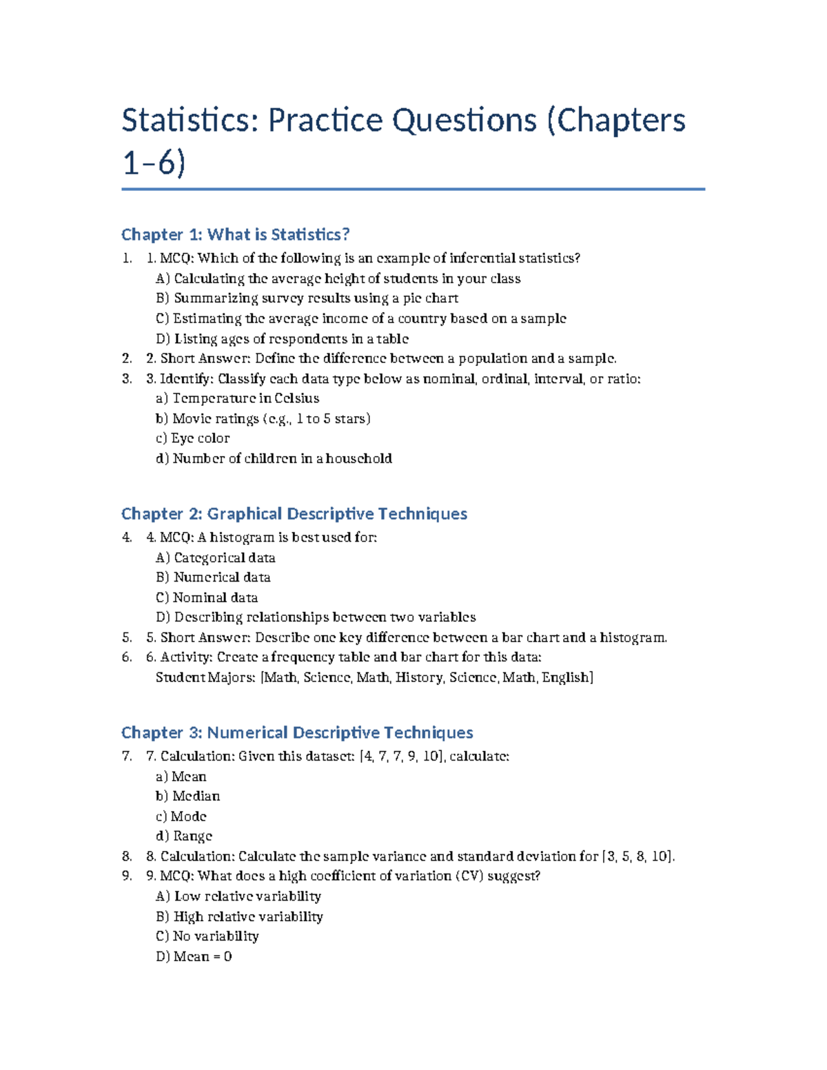 Statistics Practice Questions: Chapters 1-6 Review Guide - Studocu