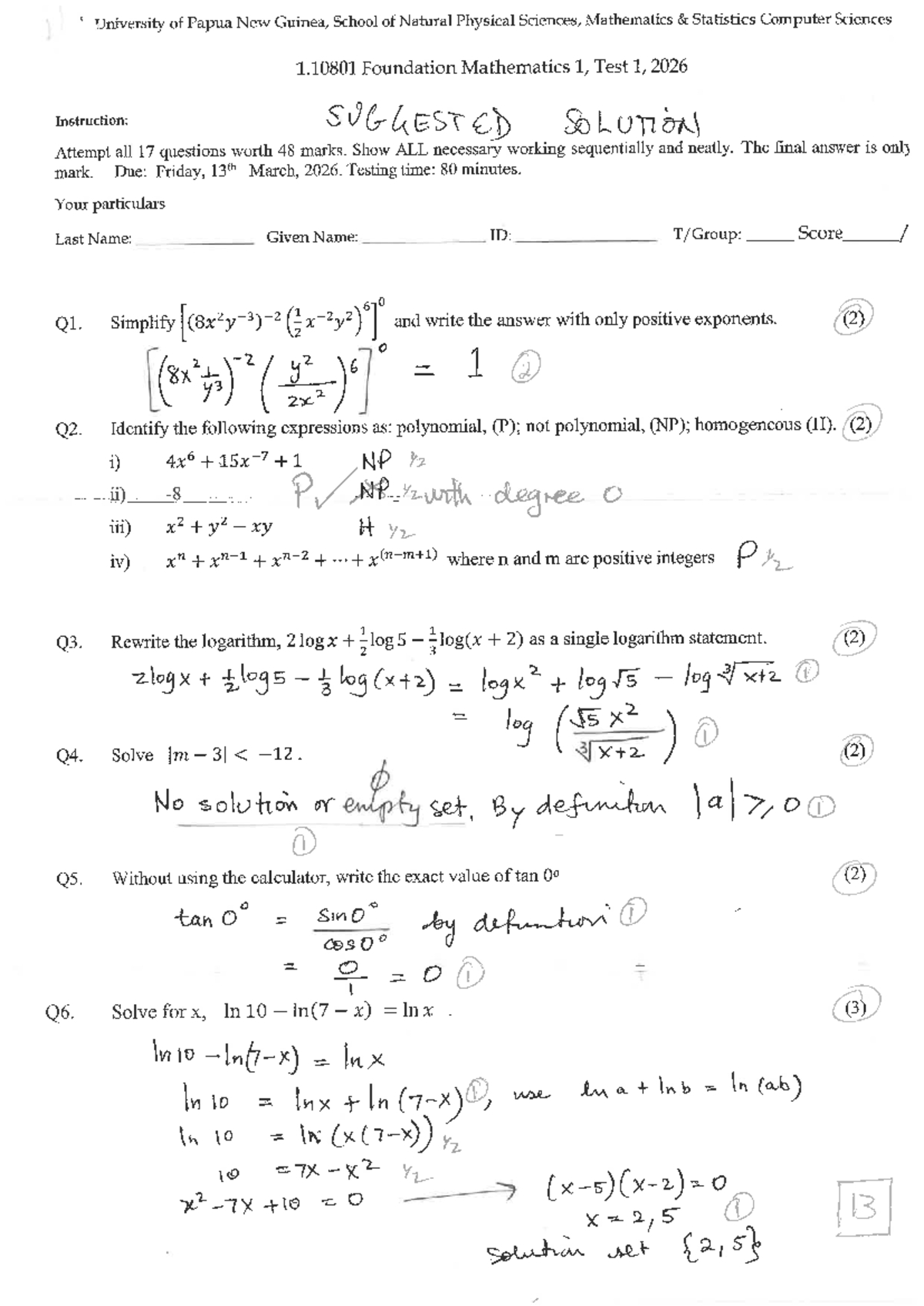2026 MATH 1.10801 Foundation Mathematics Test 1 Solutions - Studocu