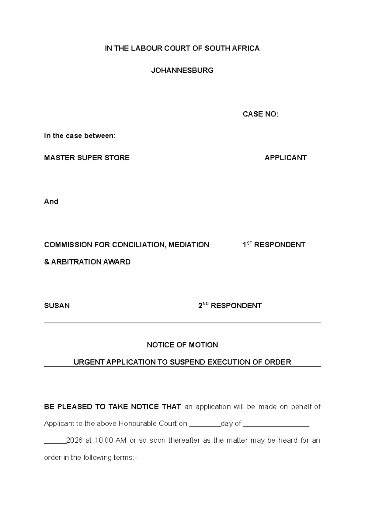 Urgent Application to Suspend Execution - Case No: Labour Court - Studocu