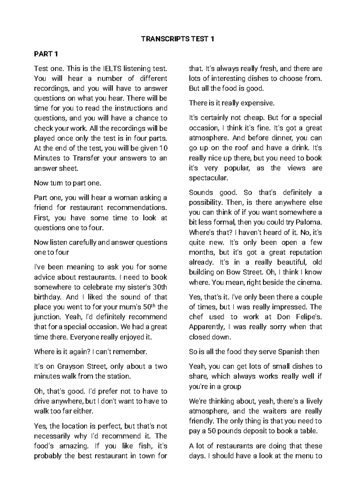 IELTS Listening Test 1: Transcripts and Questions for CAM 20 - Studocu