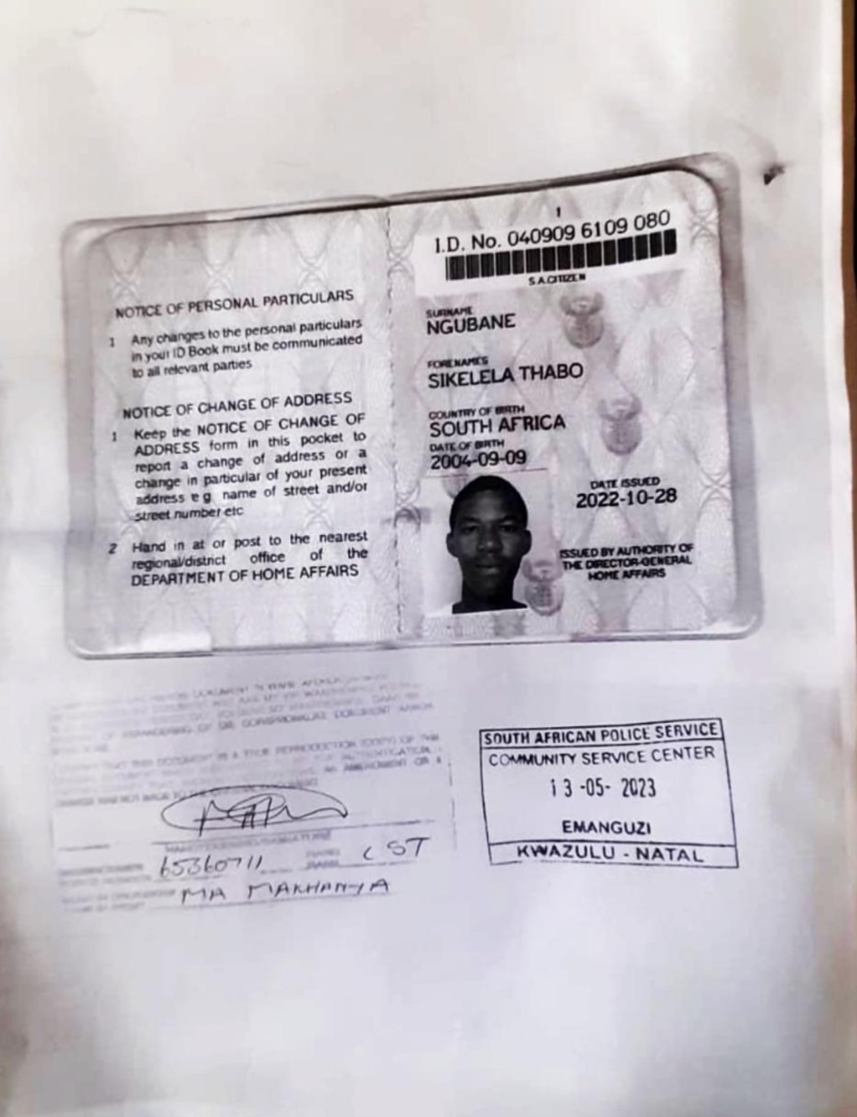 Sikelela ID - To learn - 1 I. No. 040909 6109 080 NOTICE OF PERSONAL ...