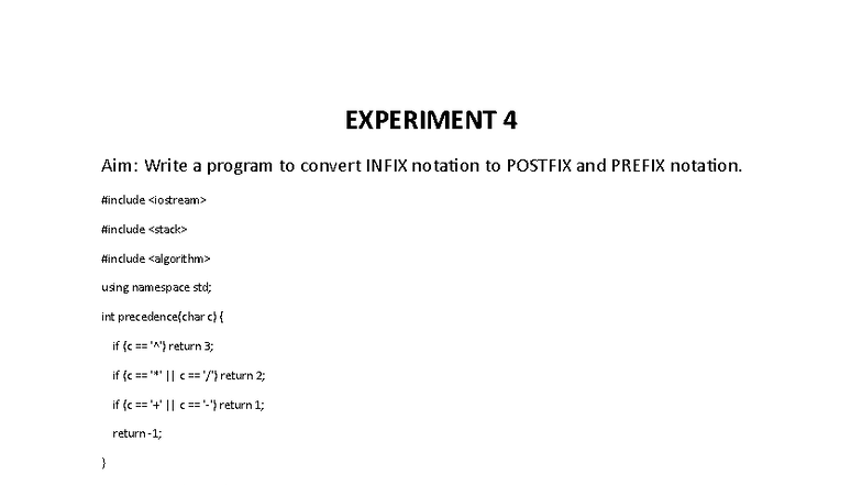 SE EXP - Infix to Postfix & Prefix Conversion Program - Studocu