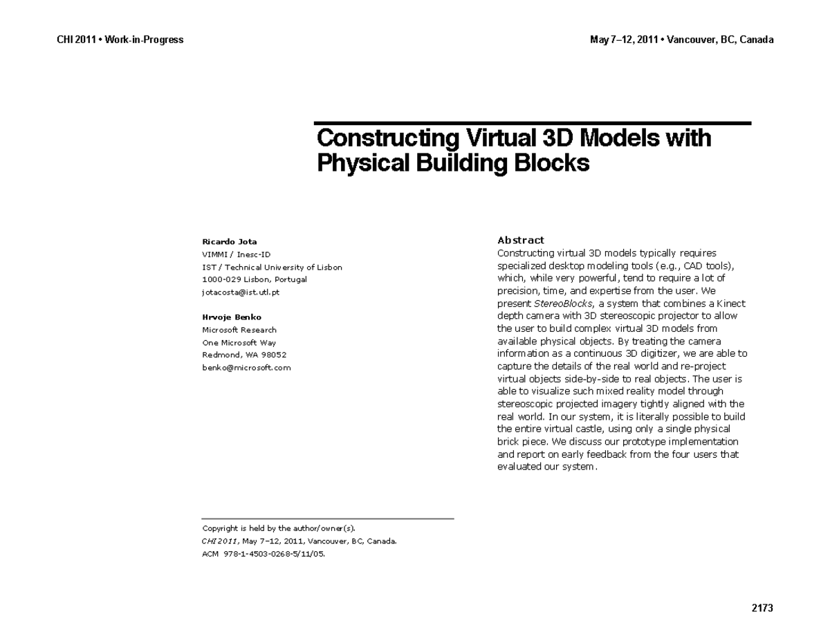 CHI 2011: Constructing 3D Virtual Models Using Physical Blocks - Studocu