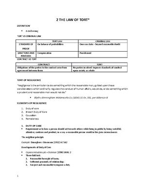 BTW1042 Final EXAM Notes - NEGLIGENCE AND TORT LAW Contractual ...