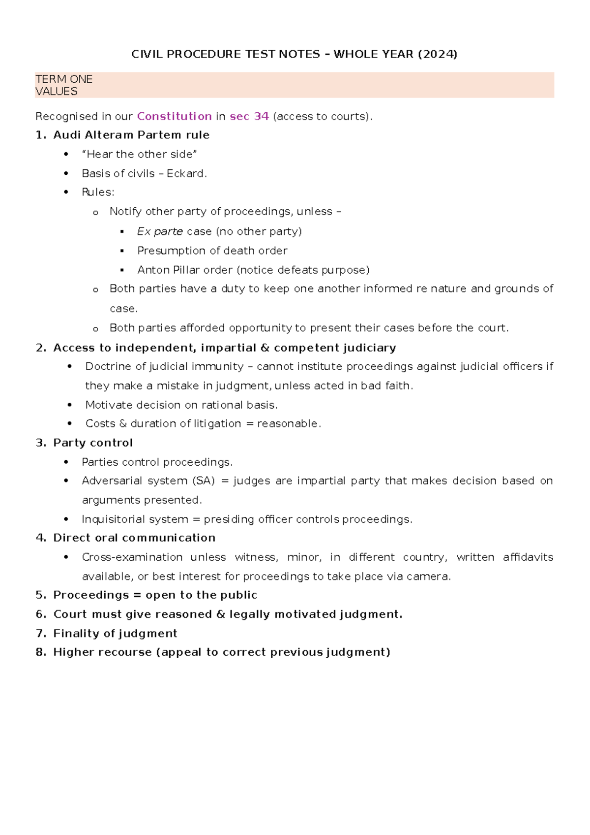 Civil procedure 2024 Notes - CIVIL PROCEDURE TEST NOTES – WHOLE YEAR ...