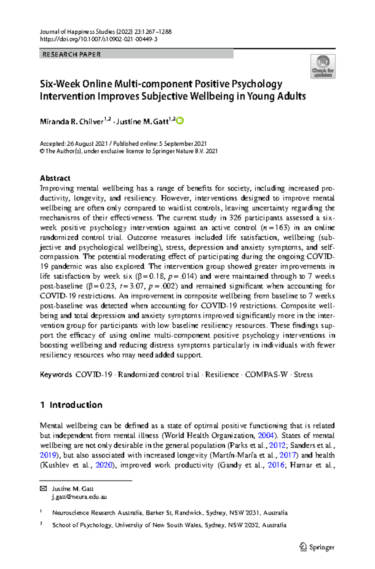 Six-Week Online Positive Psychology Intervention Study (Chilver et al ...