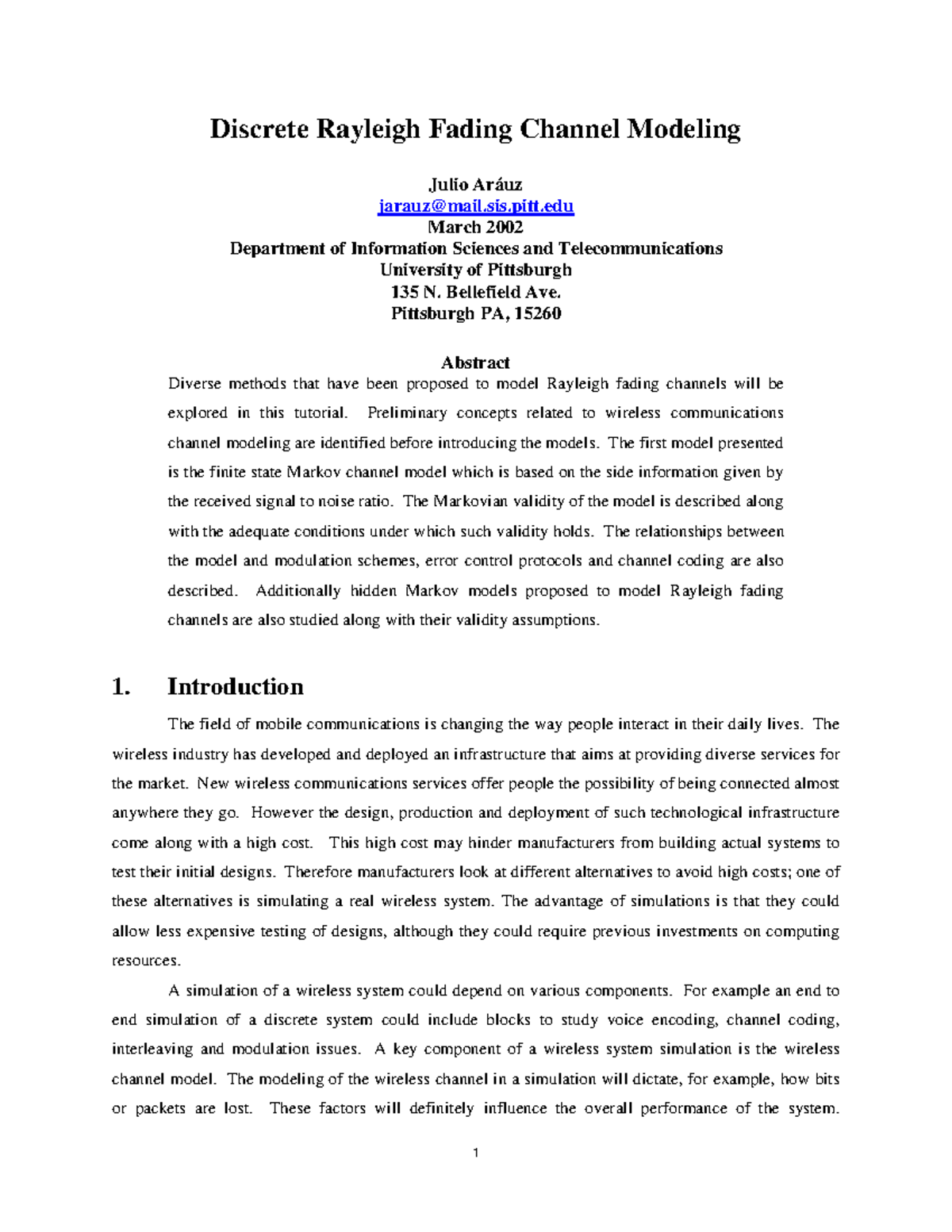Discrete Rayleigh Fading Channel Modeling - Overview and Methods - Studocu