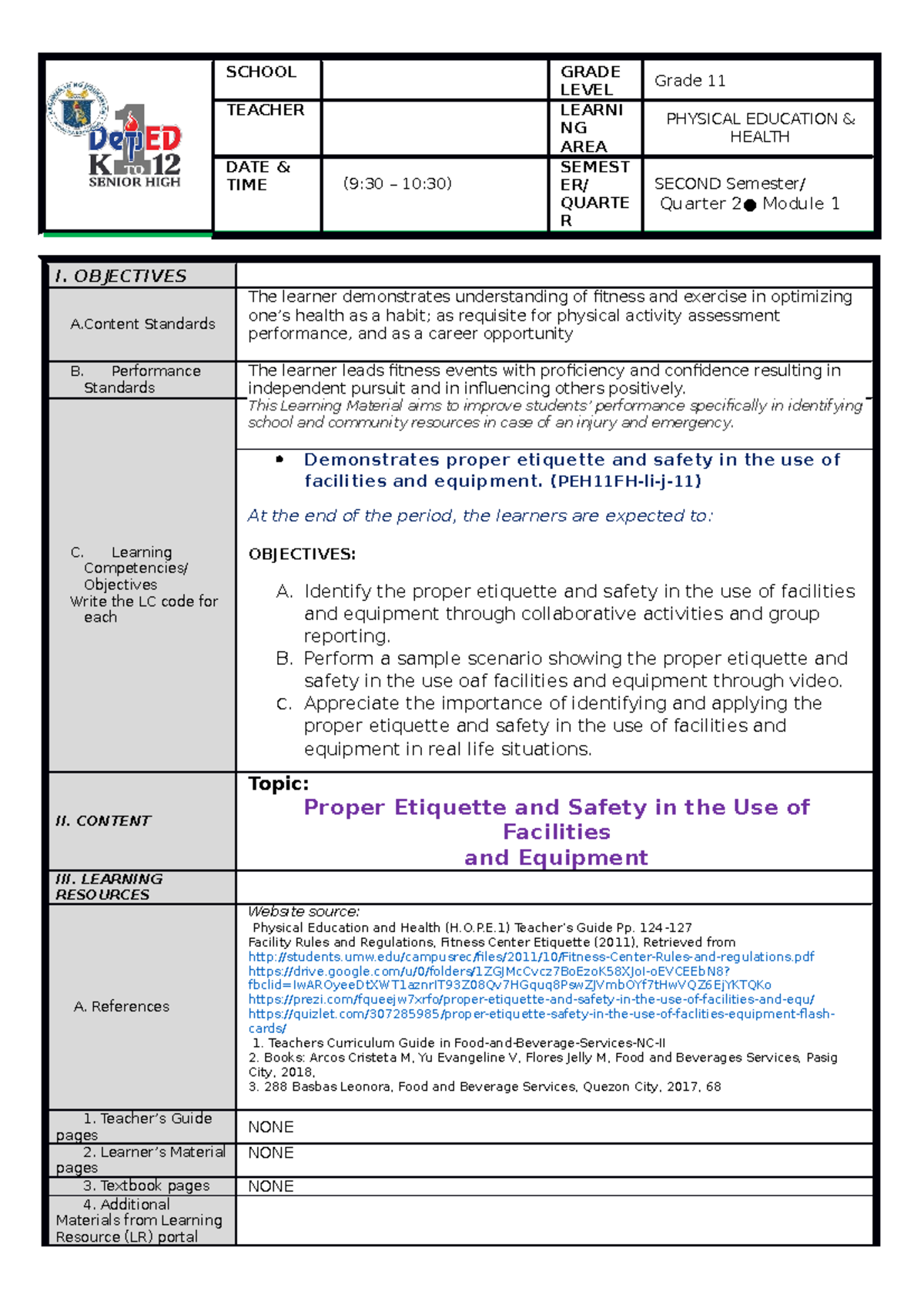 SHS-DLP- Proper Etiquette & Safety in Fitness Facilities - Studocu