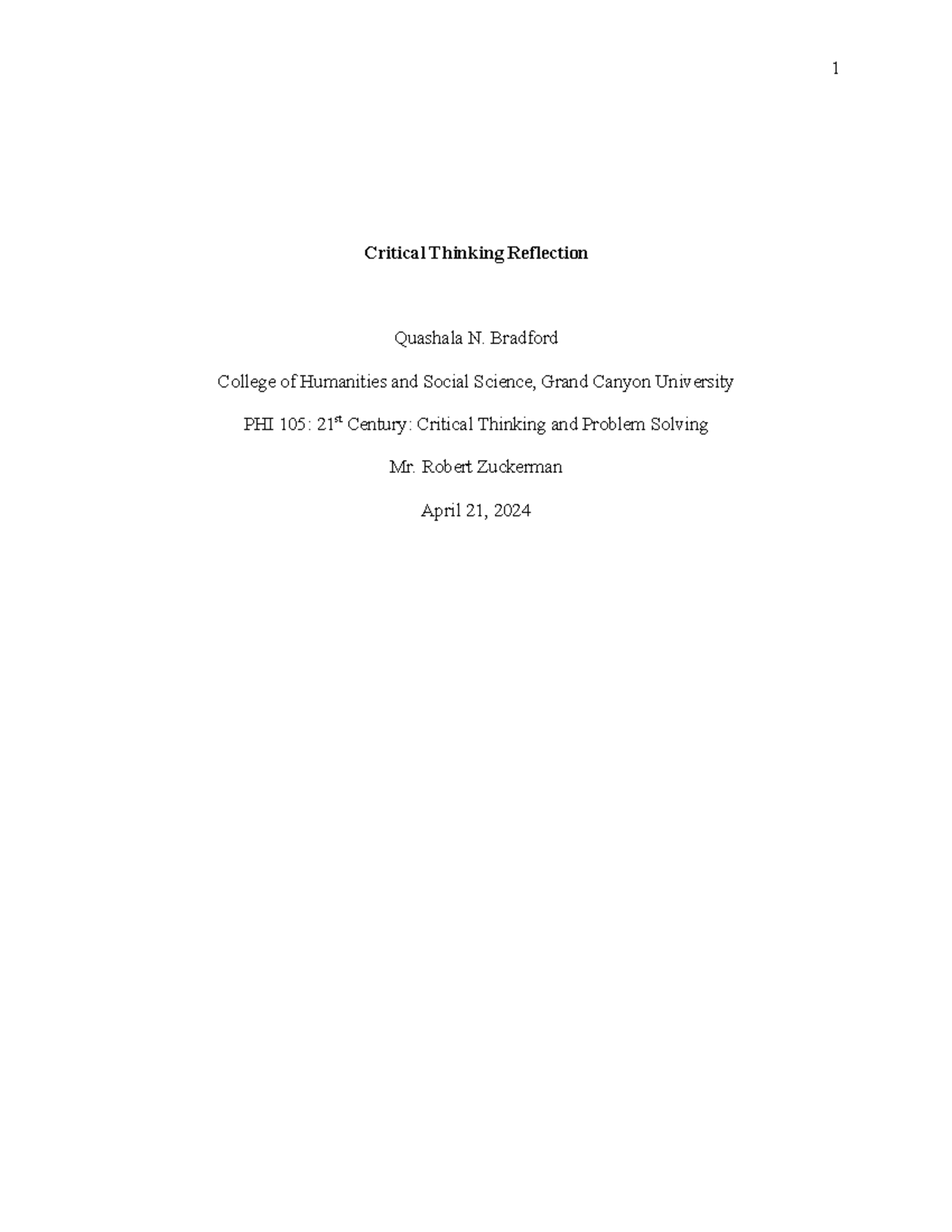 Critical Thinking Reflection Essay - PHI 105: Skills & Strategies - Studocu