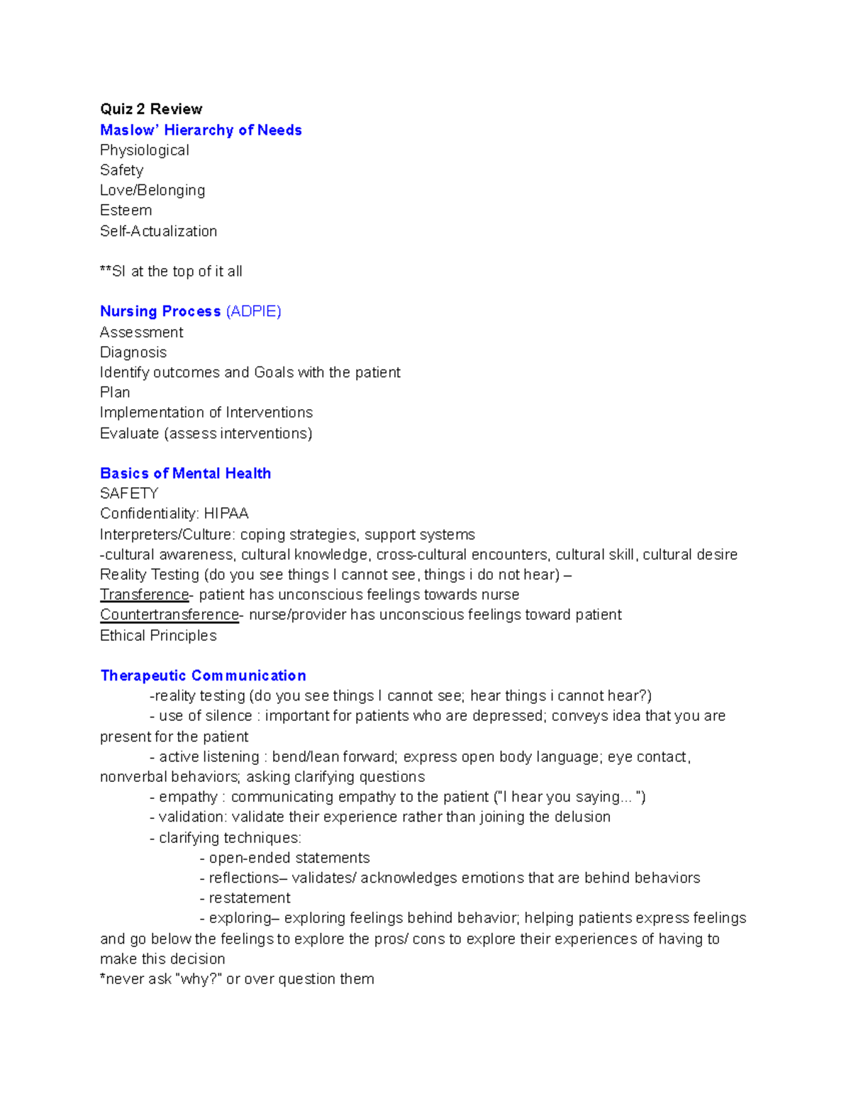 MH Quiz 2 Study Guide: Key Concepts for Mental Health Exam Prep - Studocu