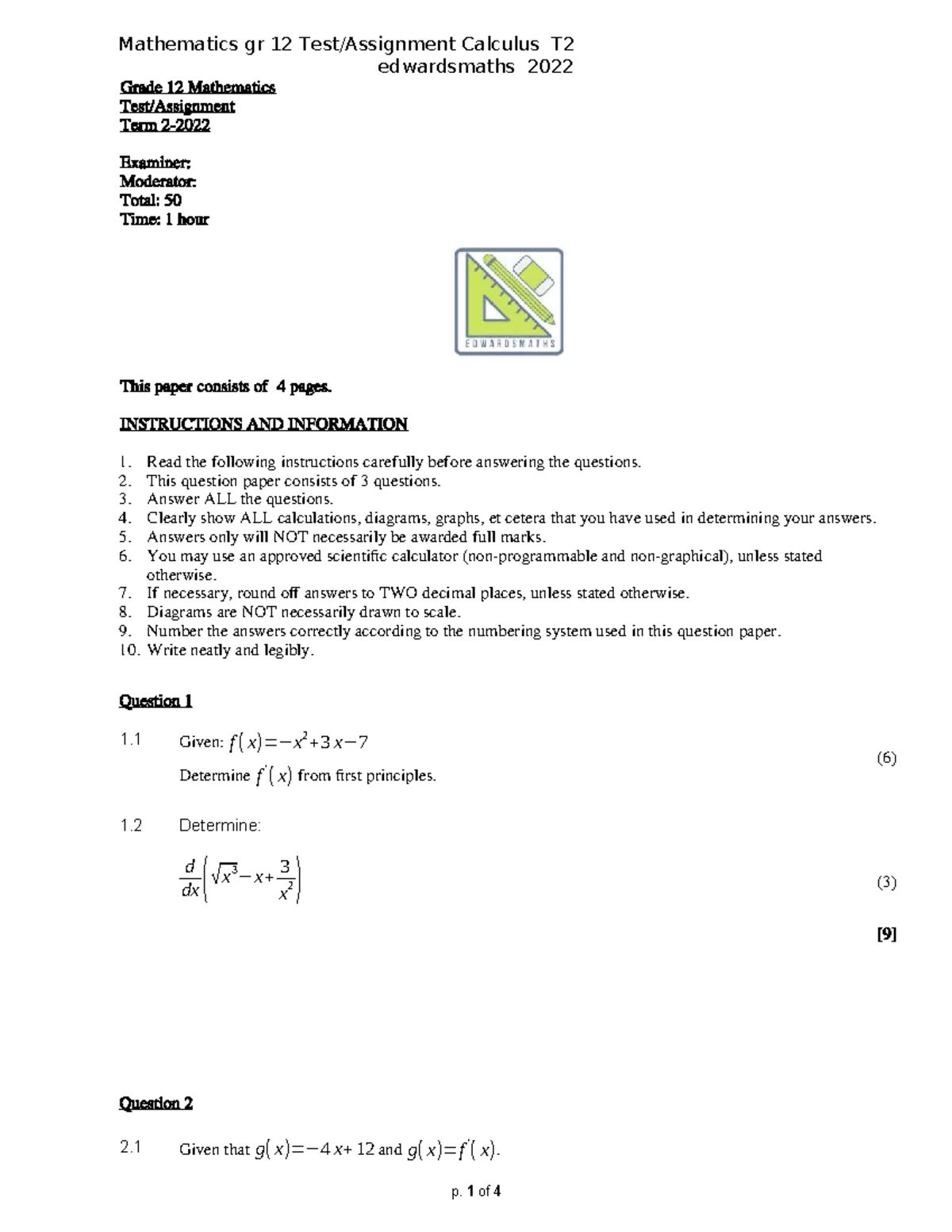 JUNE EXAMINATION GR12 0625 MATHEMATICS MARKING GUIDELINES (PAPER 1 ...