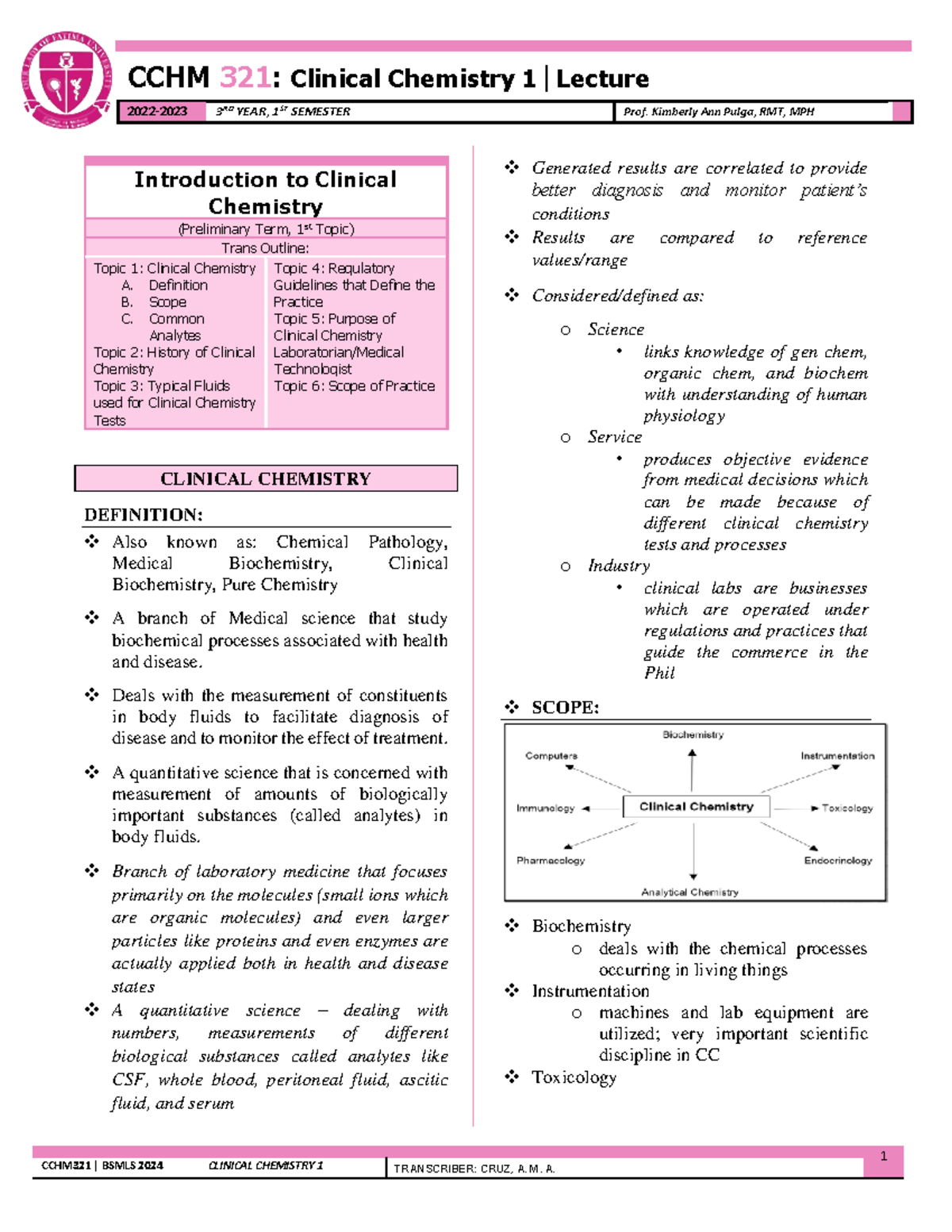 CCHM321 Clinical Chemistry 1 Lecture Notes: Introduction & Scope - Studocu