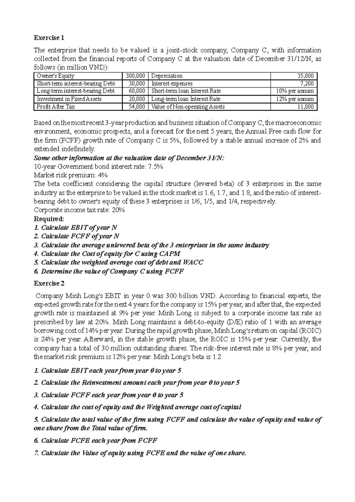 Exercise 1 & 2: Valuation of Company C and Minh - Financial Analysis ...
