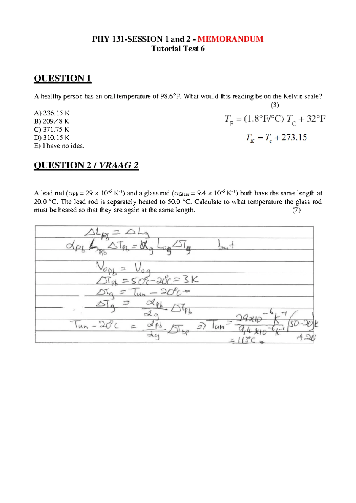 PHY 131 Tutorial Test 2 Memo - March 3, 2025 - Studocu