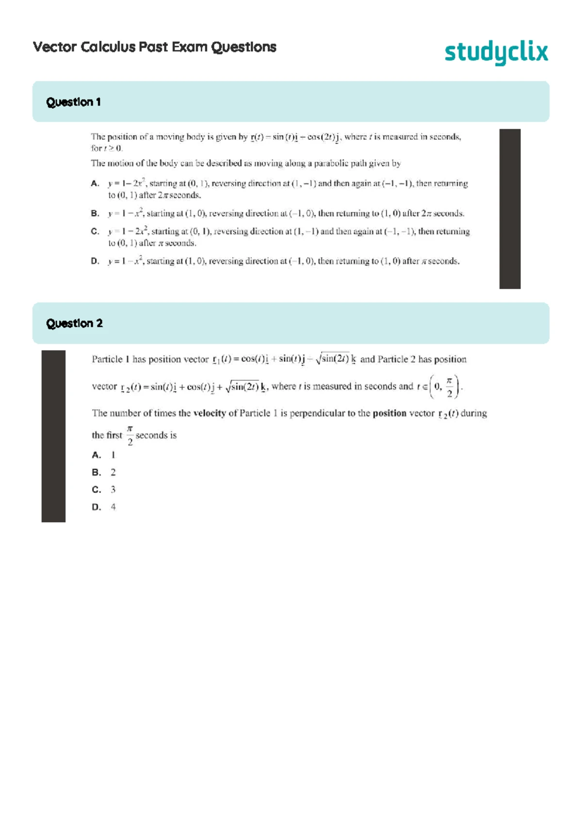 Vector Calculus Exam Report: Past Questions Analysis - Studocu