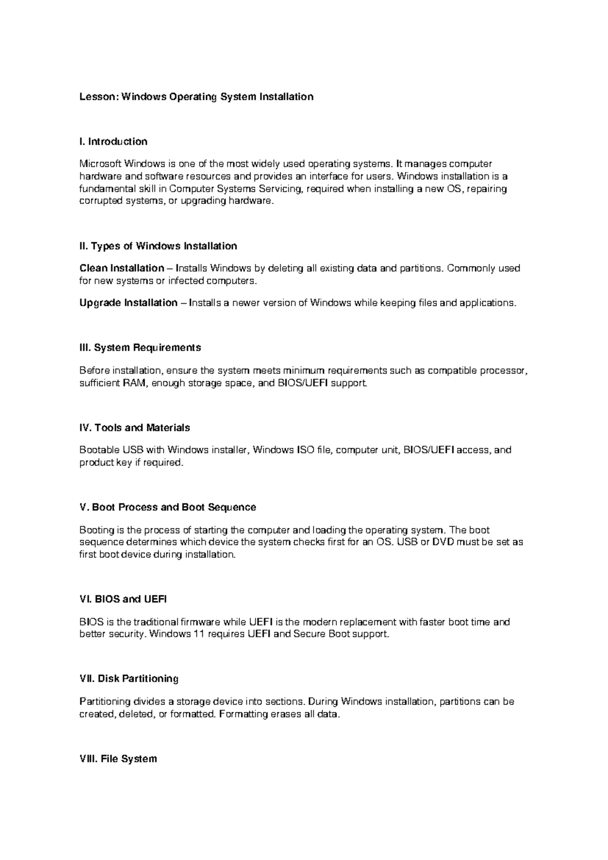Lesson: Windows Installation Theory for Computer Systems (CSS101) - Studocu