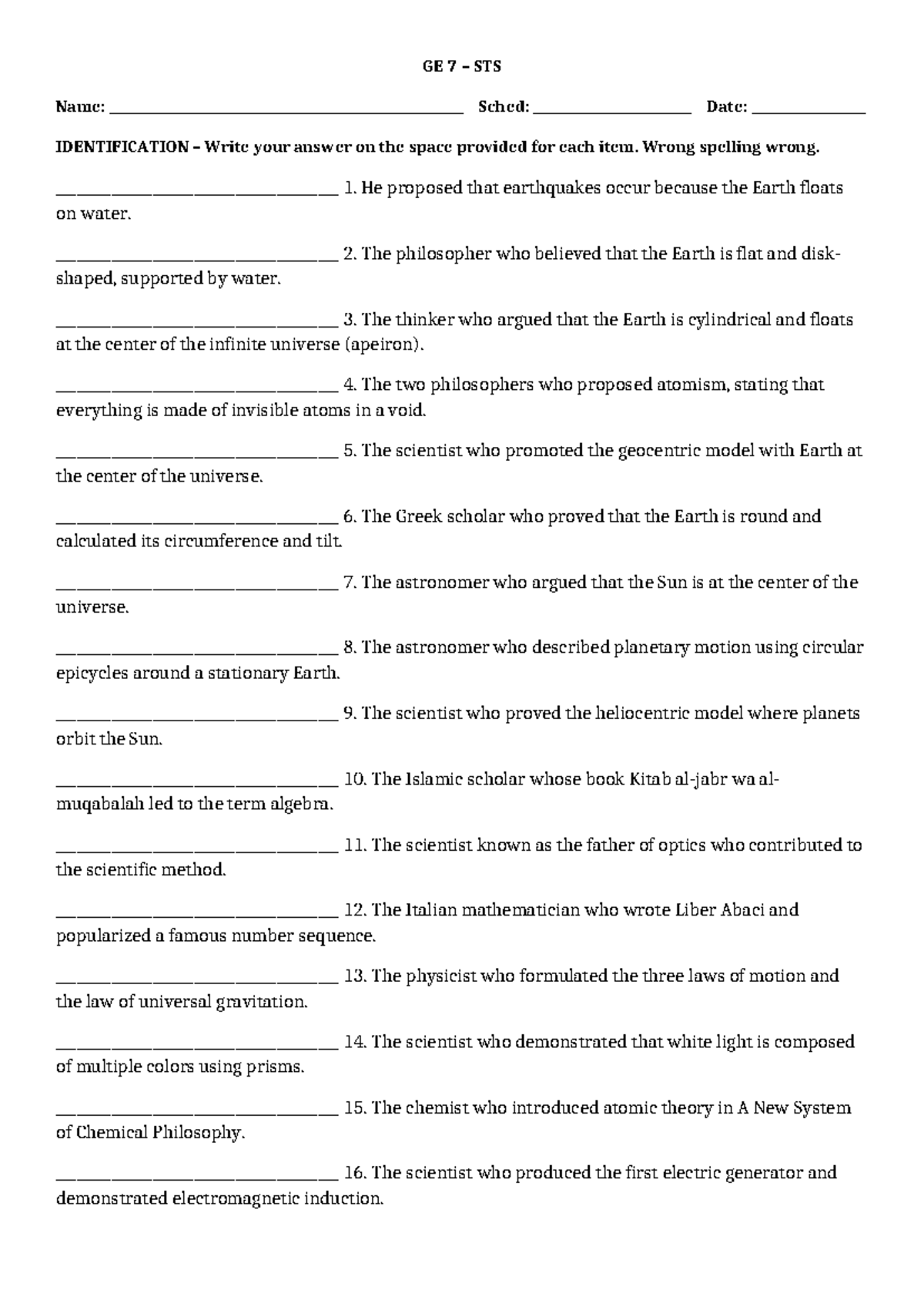 GE 7 STS Summative Quiz: Key Concepts and Thinkers in Science - Studocu