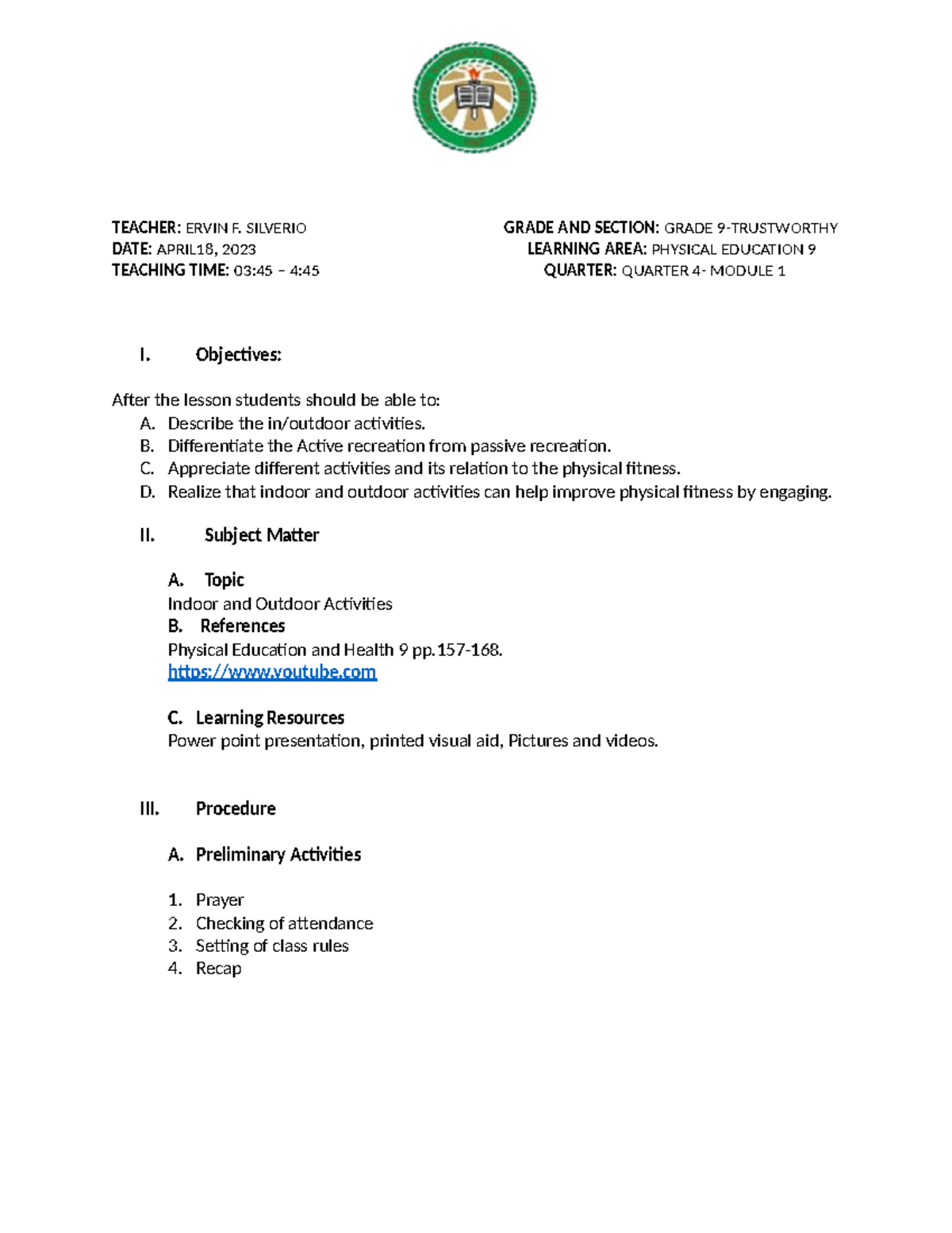 PE 9 Lesson Plan: Indoor & Outdoor Activities Module 1 - Studocu