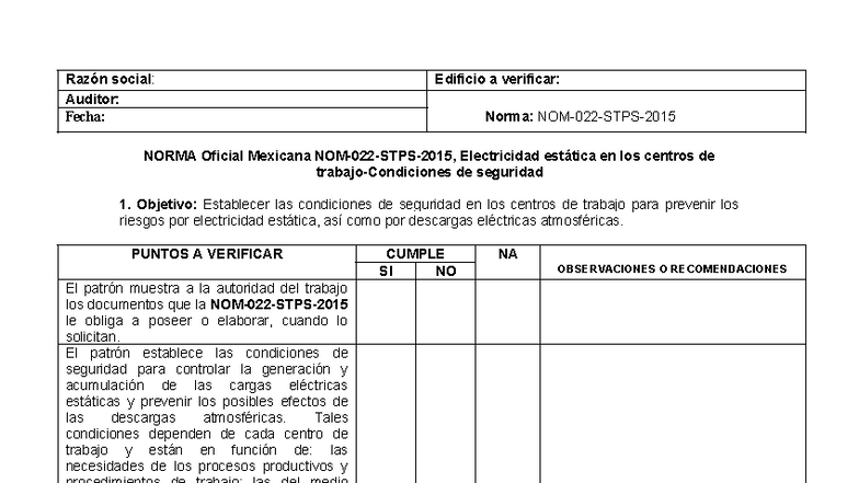 Check List NOM-022-STPS: Seguridad en Electricidad Estática - Studocu