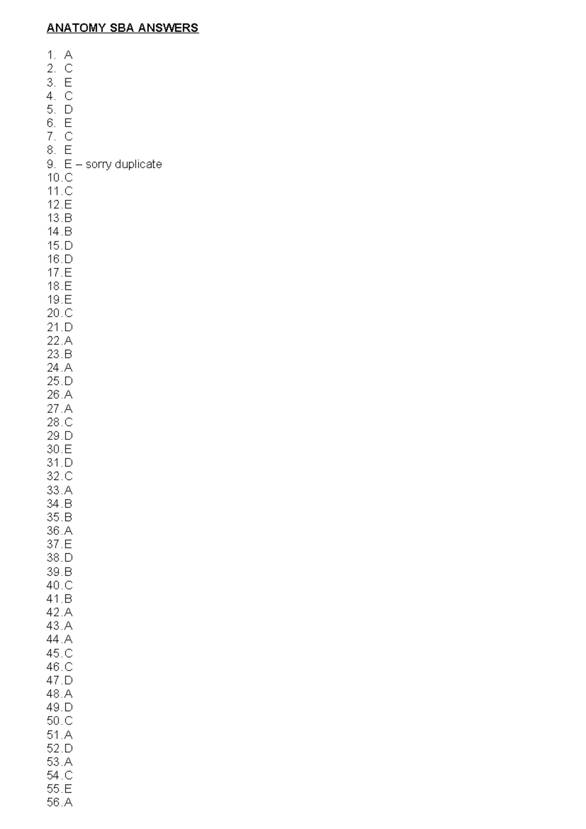 ANATOMY SBA ANSWERS - Dhrbej (Complete Response Key) - Studocu
