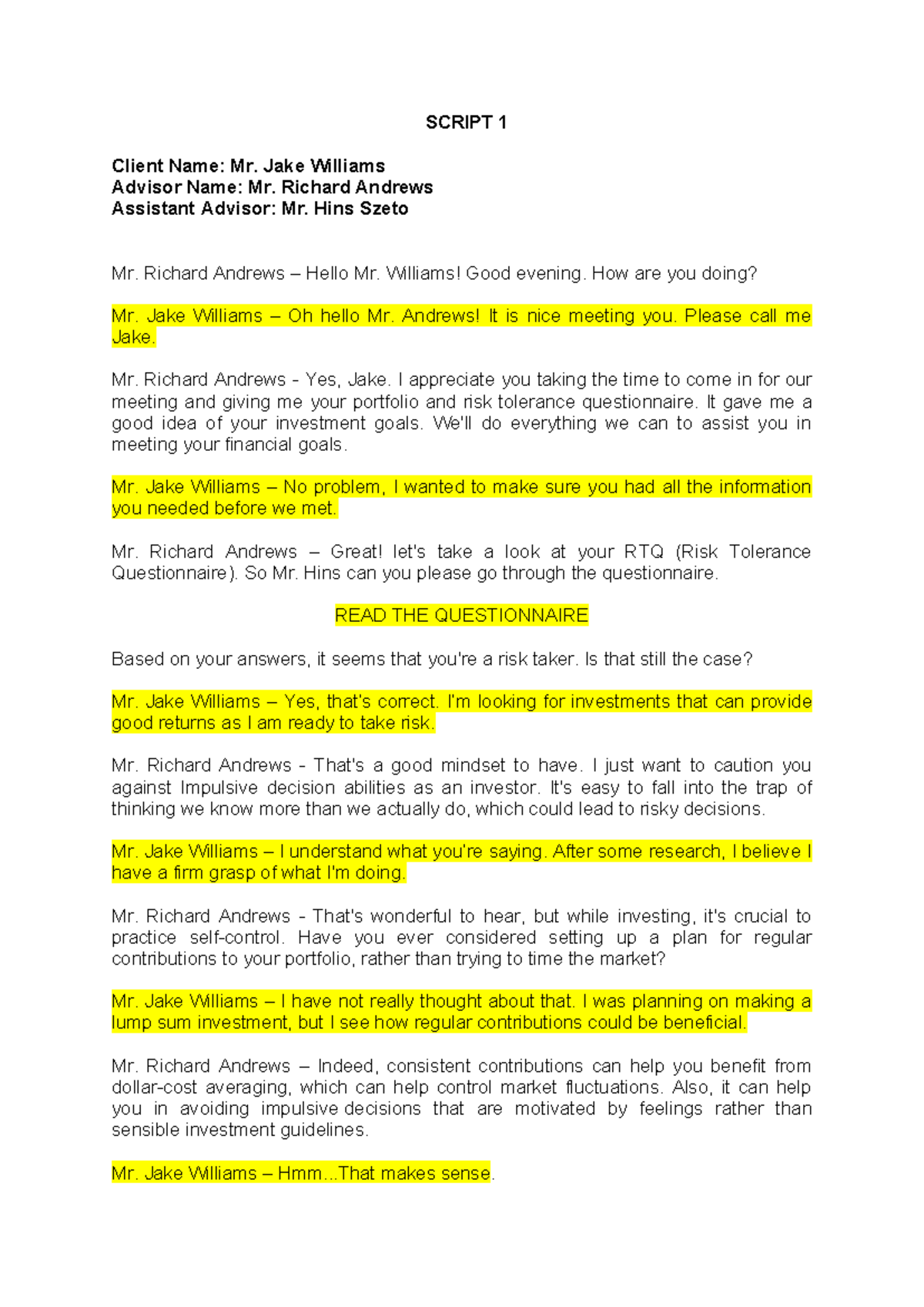 Final Script - Client Meeting Notes for SCRIPT 1: Mr. Jake Williams ...
