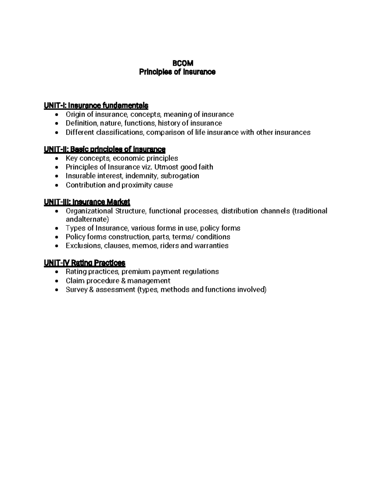 BCOM Principles of Insurance: Key Concepts and Fundamentals - Studocu