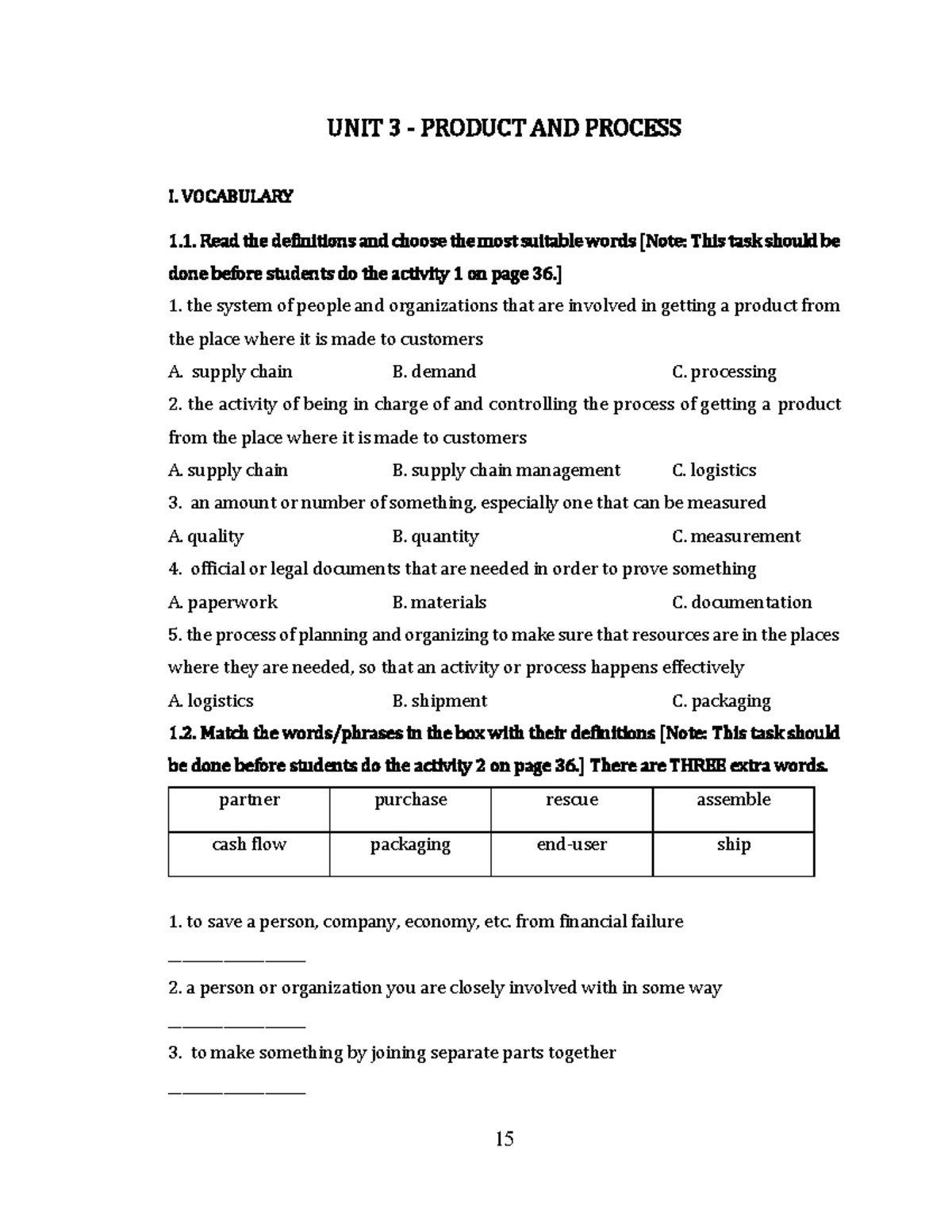 TLTK TACN1 - Unit 3: Product and Process Vocabulary Exercises - Studocu