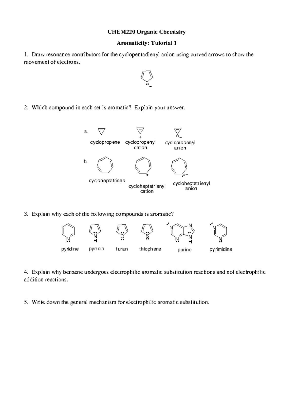 CHEM220 Organic Chemistry Aromaticity: Tutorial 1 Notes and Exercises ...