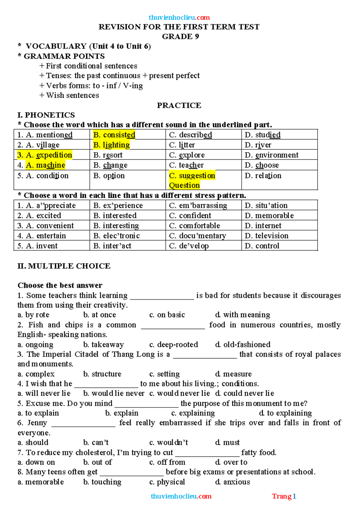 Grade 9 First Term Test Review: Vocabulary & Grammar Revision - Studocu