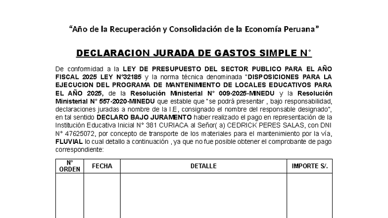 Declaración Jurada de Gastos Simple - I.E. 381 CURIACA 2025 - Studocu