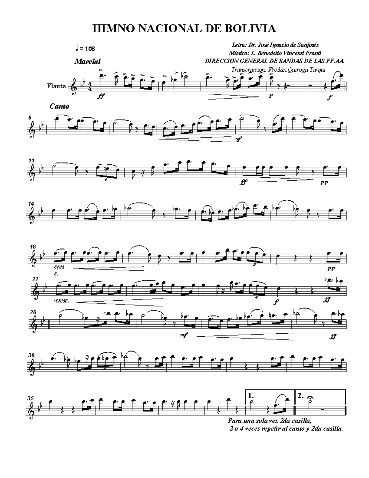 HIMNO NACIONAL DE BOLIVIA q 108 - Transcripción para Banda de Música - Document Preview