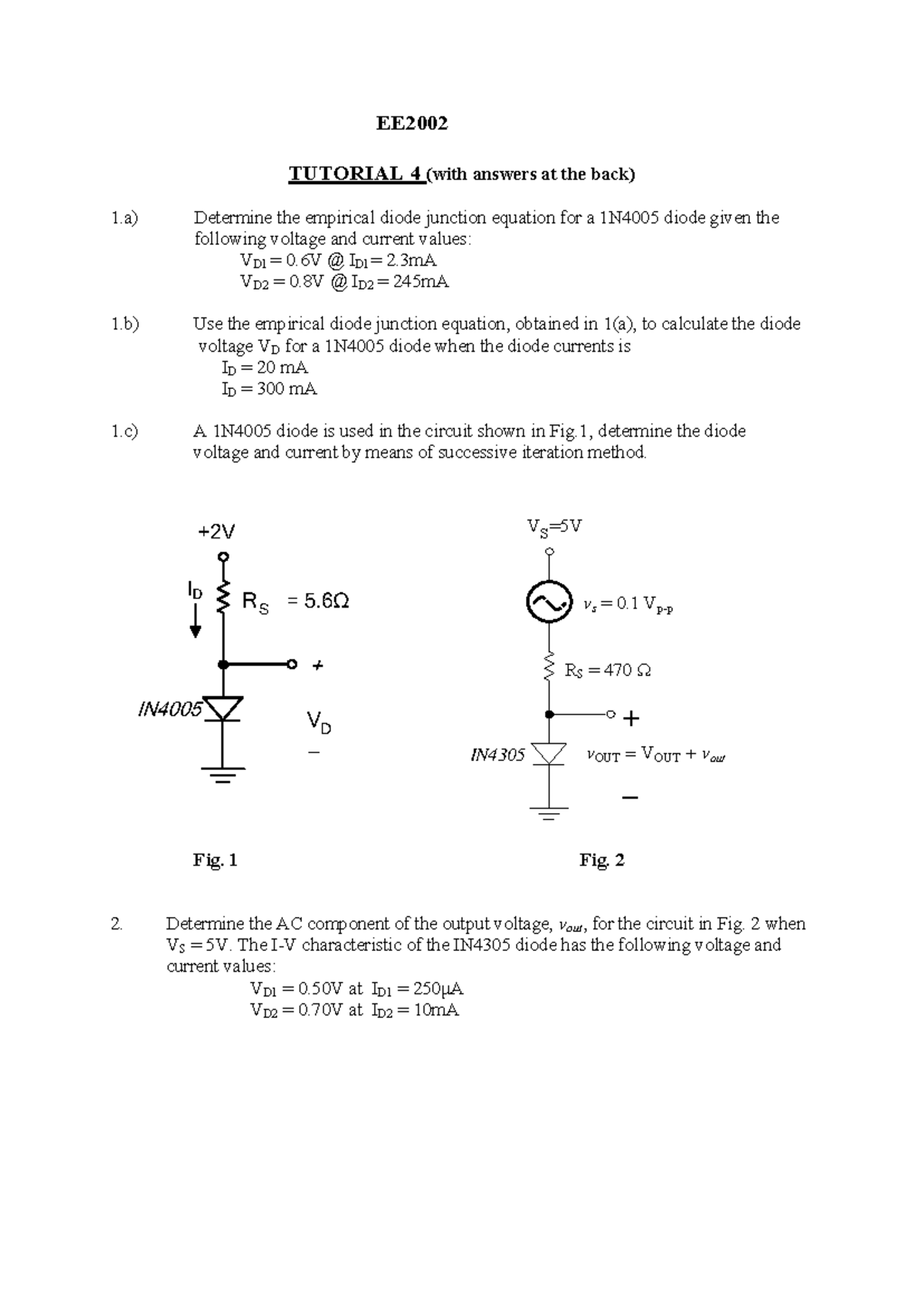 EE2002 Tutorial 4: Diode Characteristics & Analysis with Solutions ...