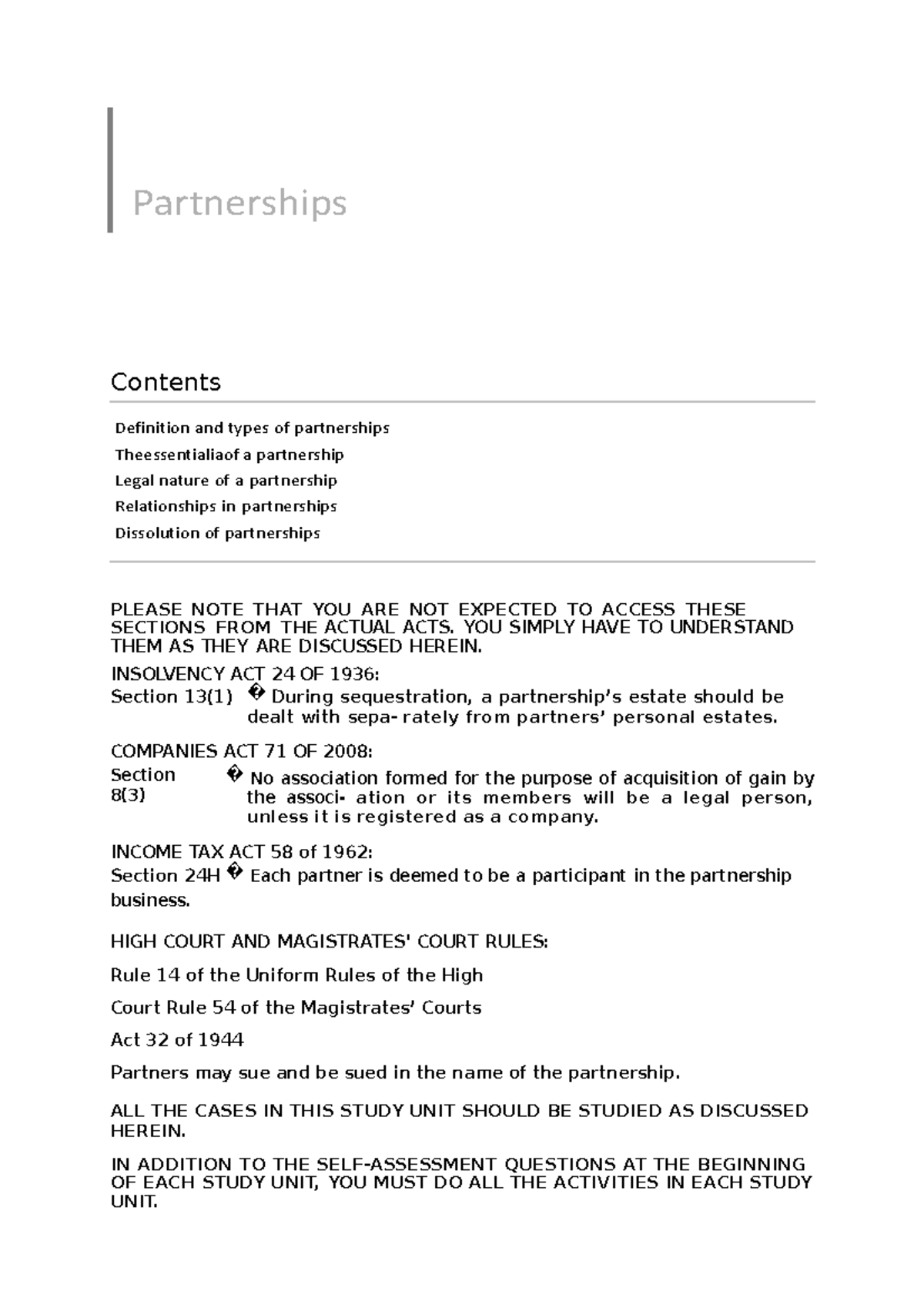 Partnerships Study Notes (Course Code: LAW101) - Studocu