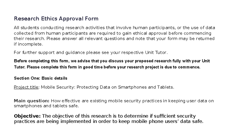 Research Ethics Approval Form for Mobile Security Research - Studocu