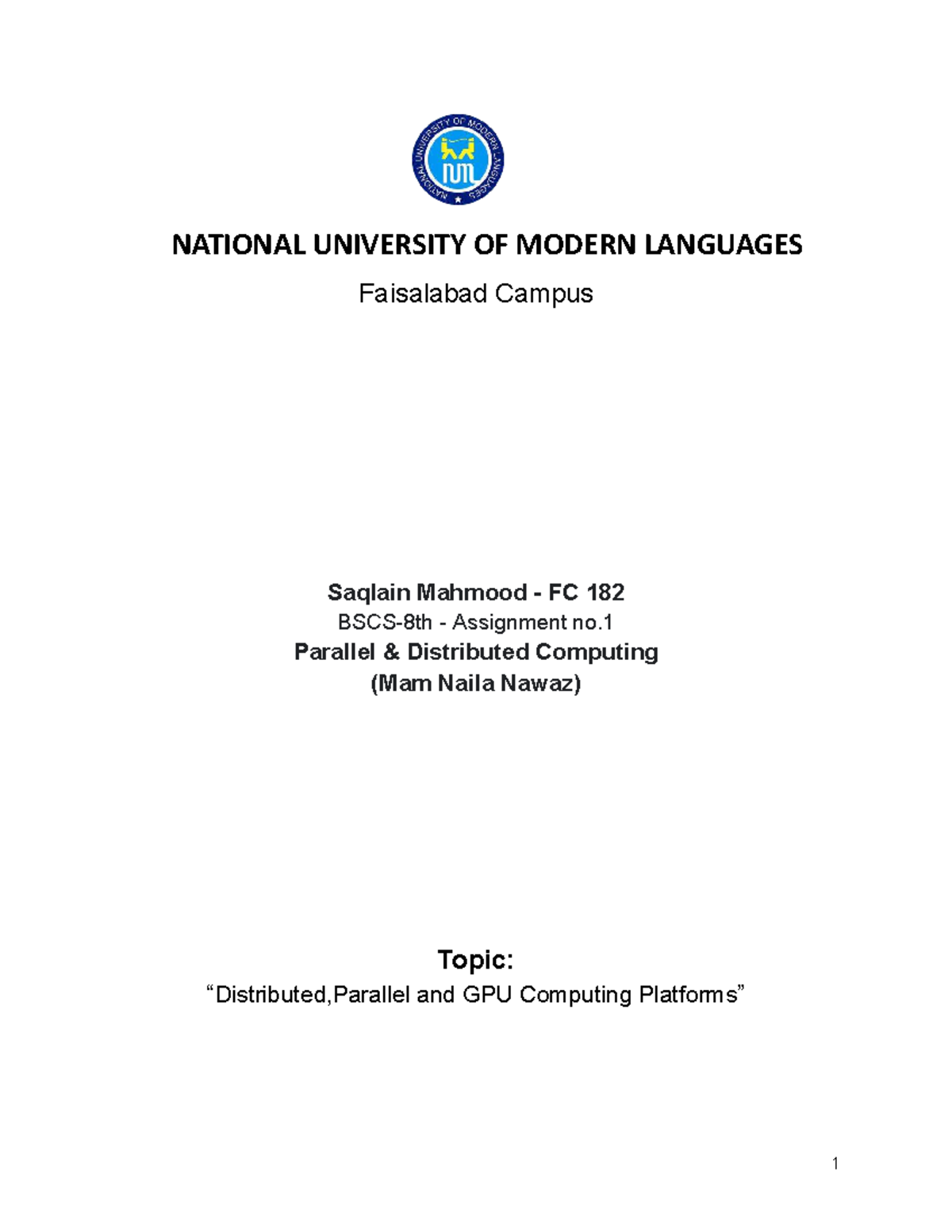 Assignment 1: Parallel & Distributed Computing (FC 182) - Studocu