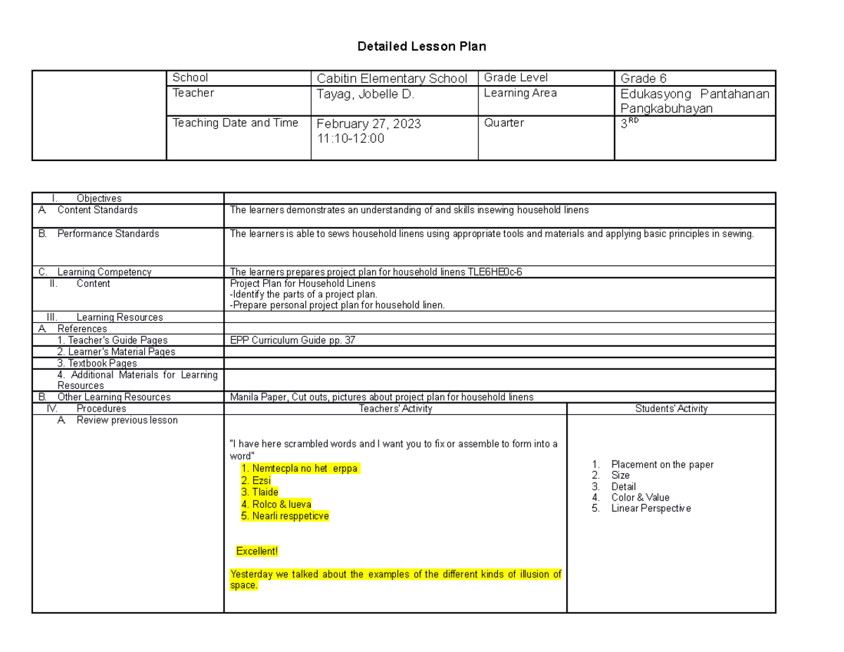 EPP6-WEEK 2-A - DETAILED LESSON PLAN ON PROJECT PLANNING - Studocu