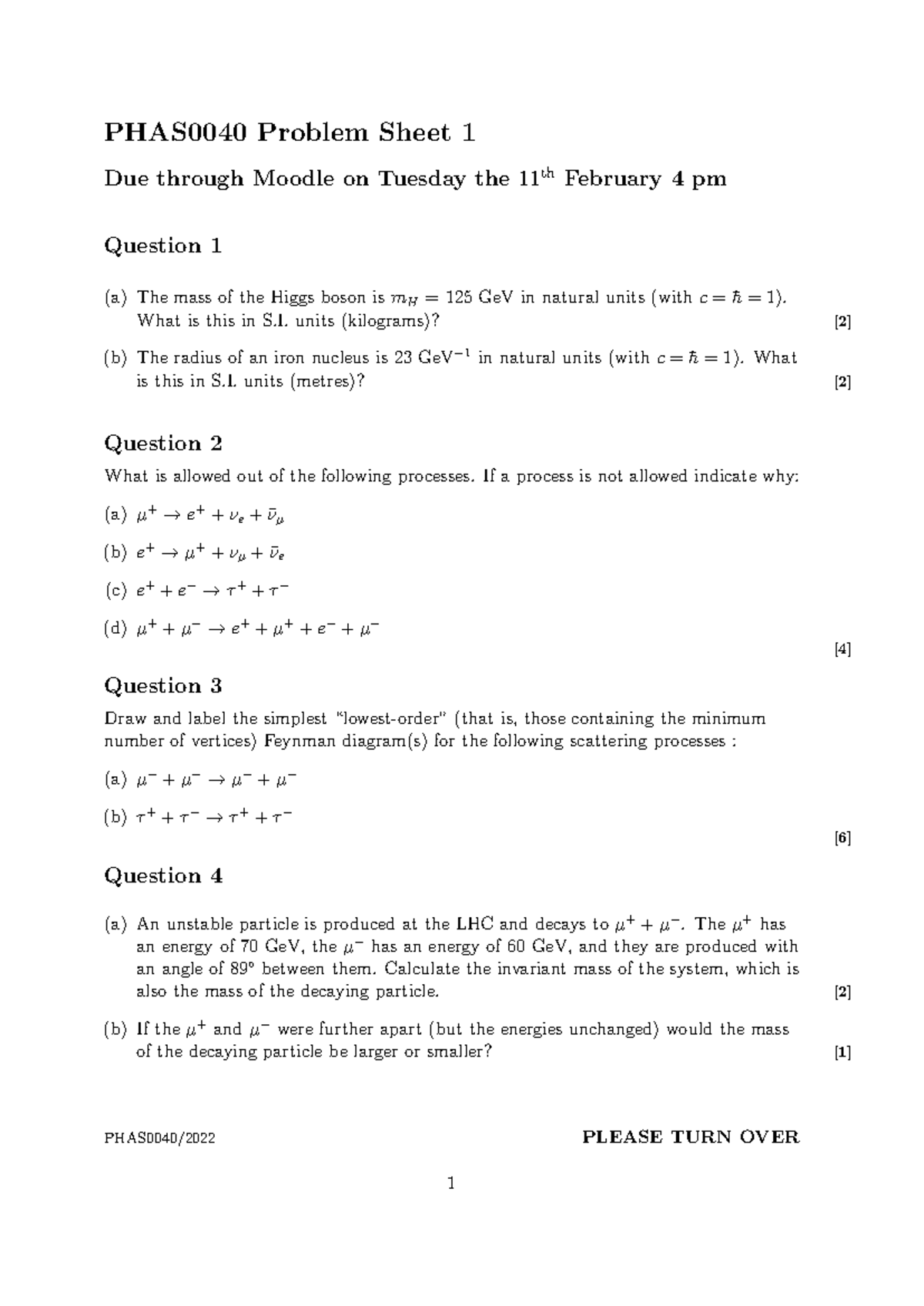PHAS0040 Problem Set 1: Questions on Particle Physics Concepts - Studocu