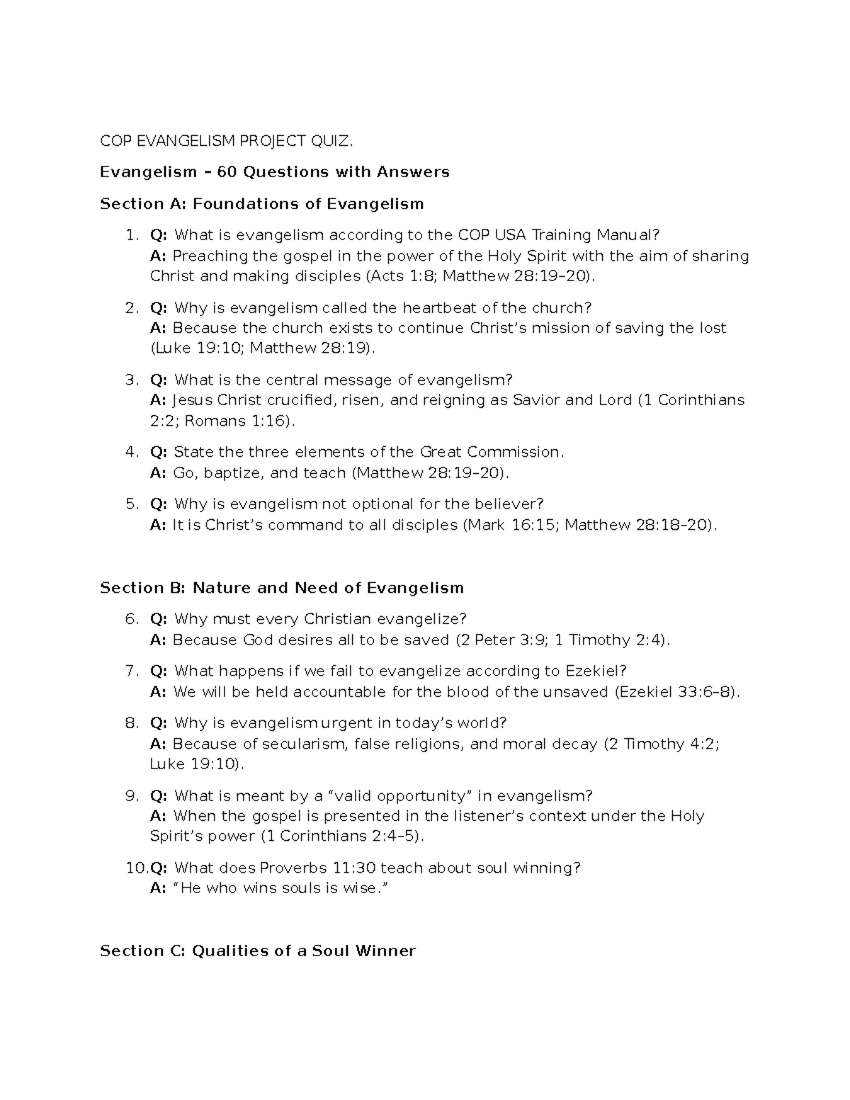 Evangelism Mastery Quiz - COP USA: 80 Essential Questions - Studocu