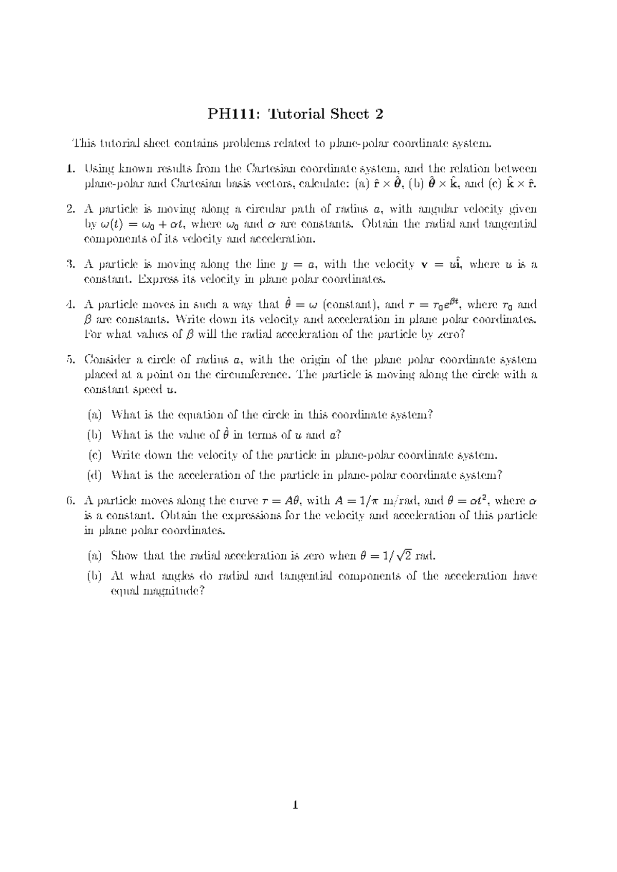Ts 2 - tutorial sheet ch 2 - PH111: Tutorial Sheet 2 This tutorial ...