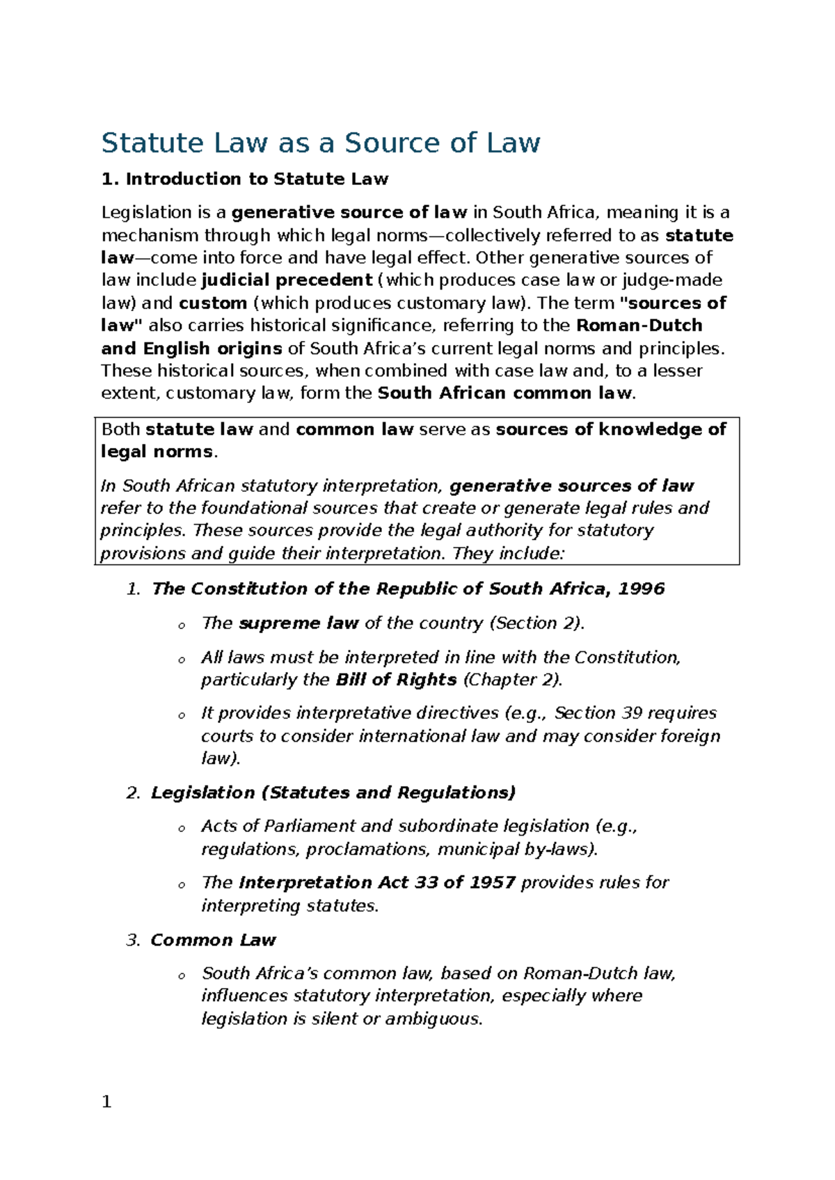 Statute Law as a Source of Law: Study Notes for Legal Studies 101 - Studocu