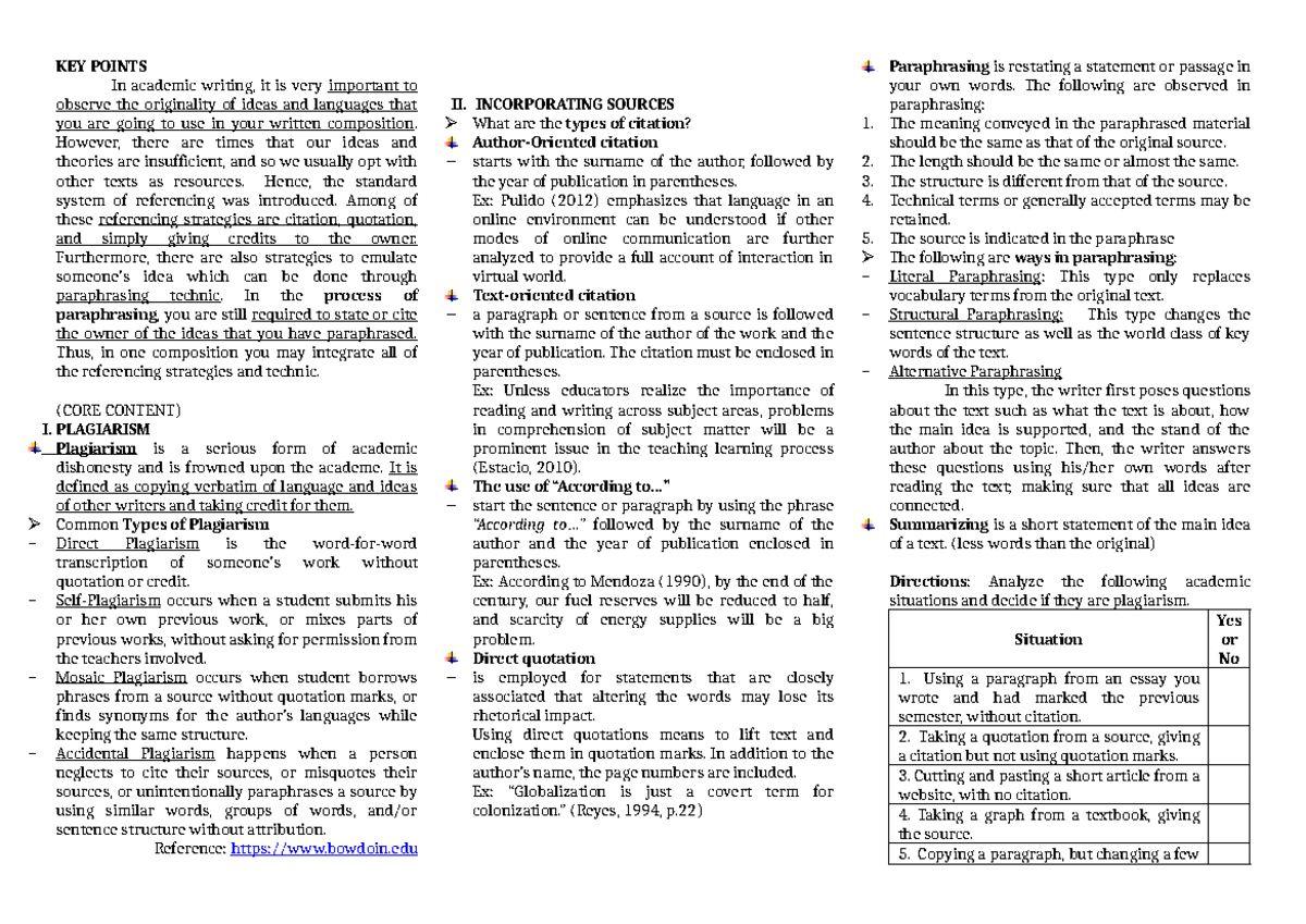 Key Points on Academic Writing & Plagiarism (EAPP) - Studocu