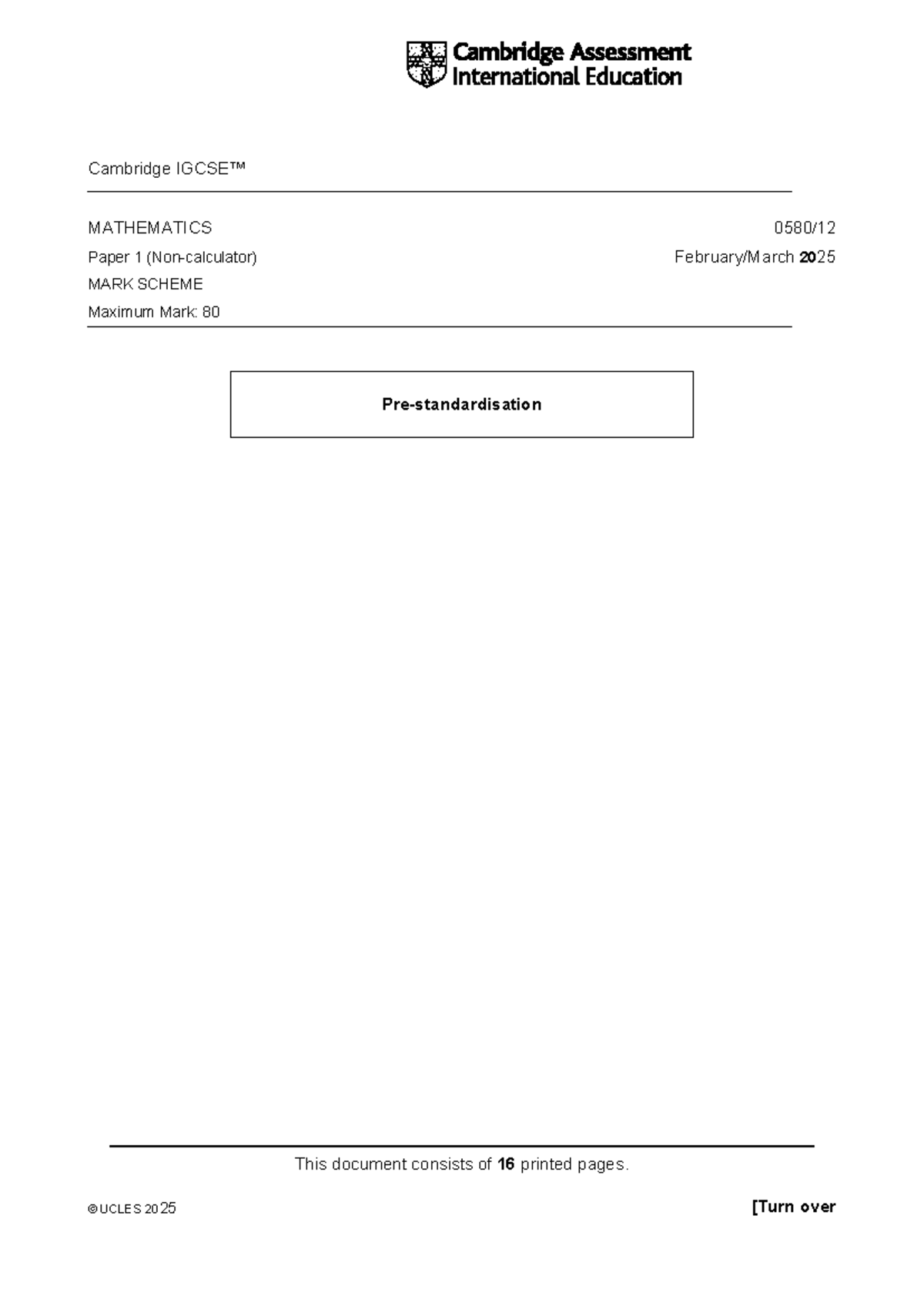 Cambridge IGCSE Mathematics 0580/12 Mark Scheme 2025 - Studocu