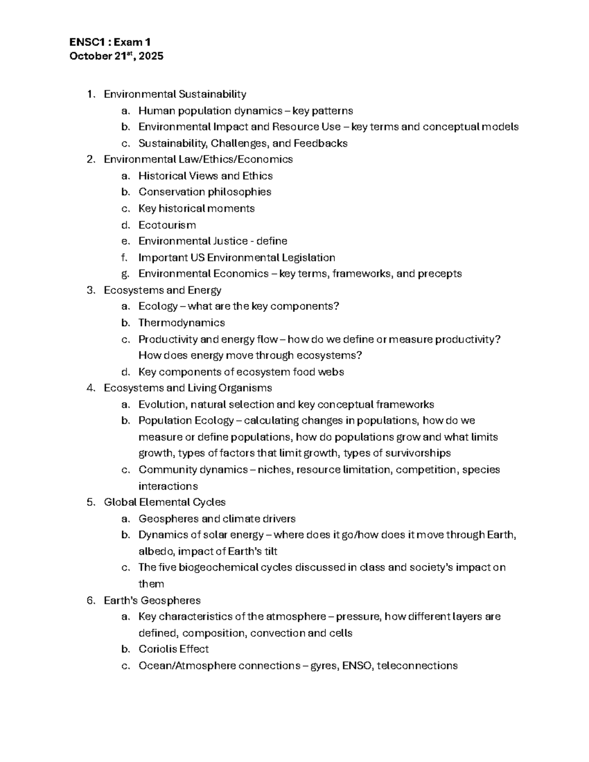 ENSC1: Exam 1 Study Guide on Environmental Sustainability & Ecology ...