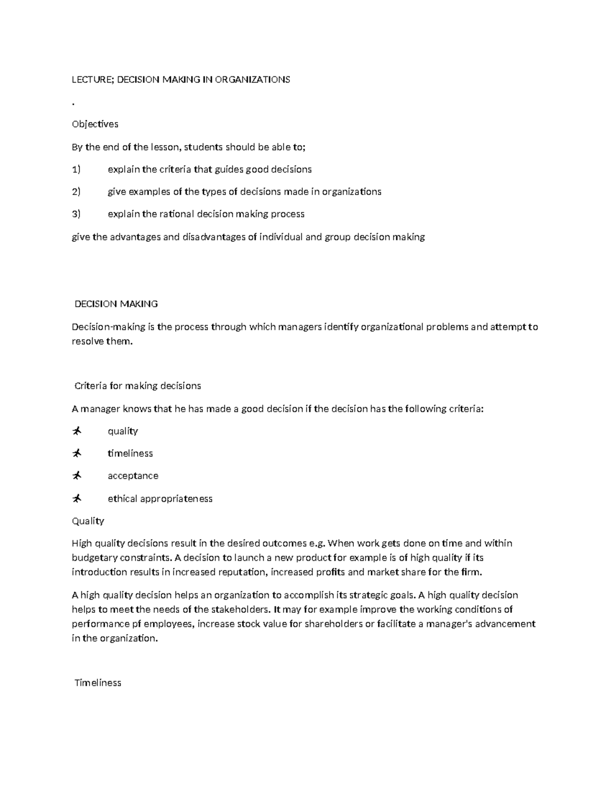 Lecture Notes: Decision Making in Organizations - Concepts & Criteria ...