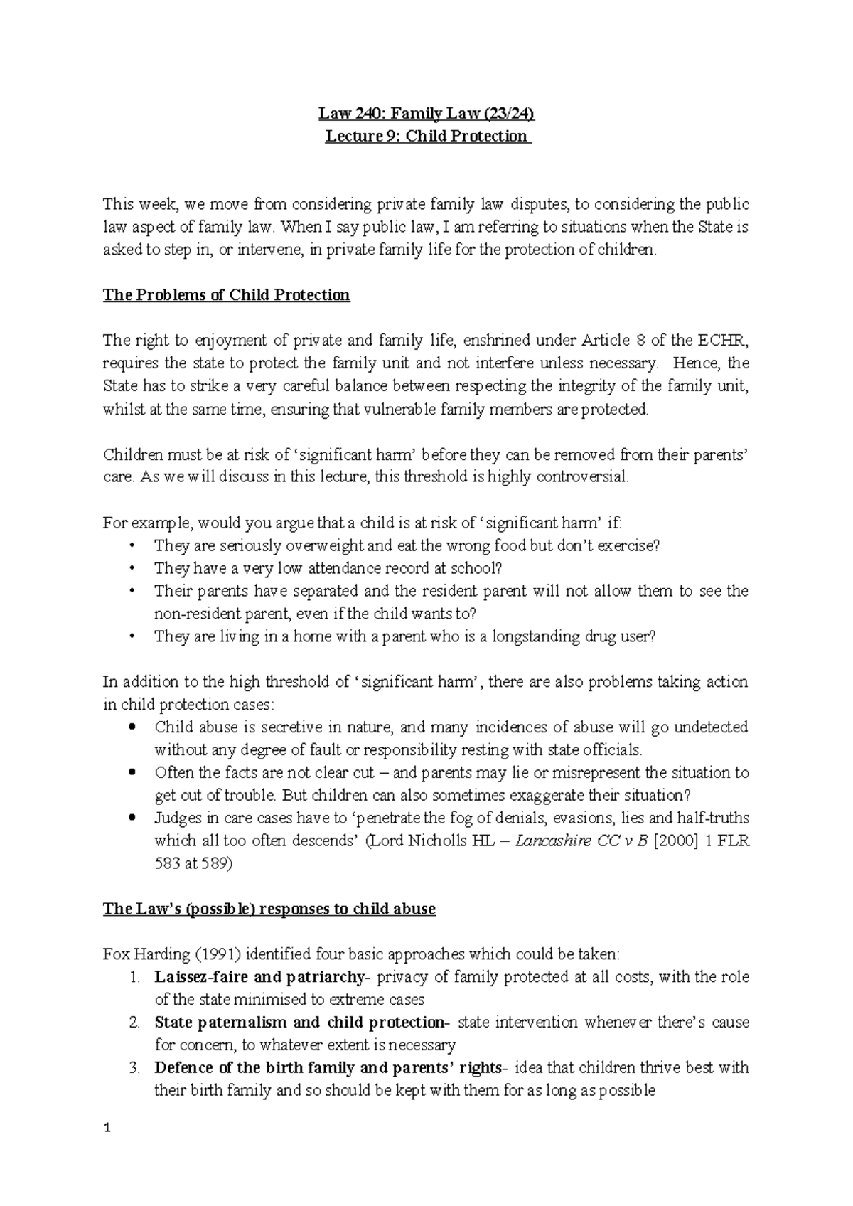 Handout Child Protection - Law 240: Family Law (23/24) Lecture 9: Child ...