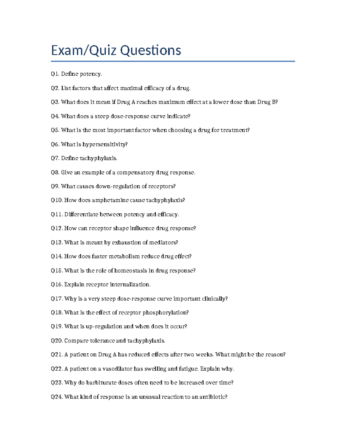 ZCP Lecture 7: Key Questions on Drug Potency and Efficacy - Studocu