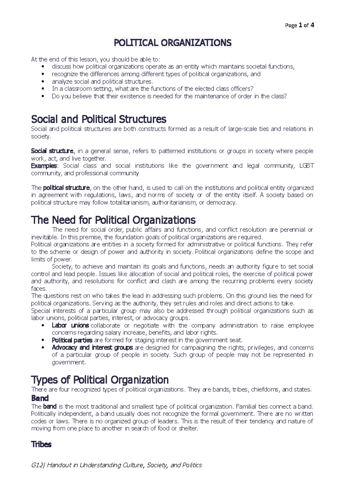 UCSP Political Organizations - POLITICAL ORGANIZATIONS At the end of ...